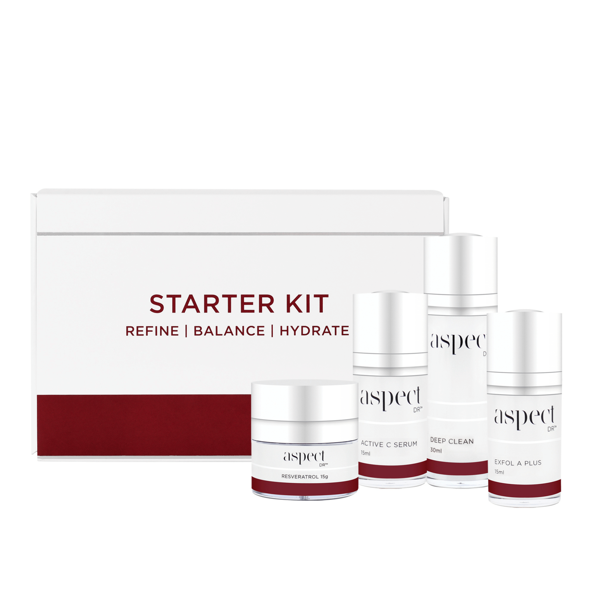 Aspect Dr Starter Kit products lined up on white background