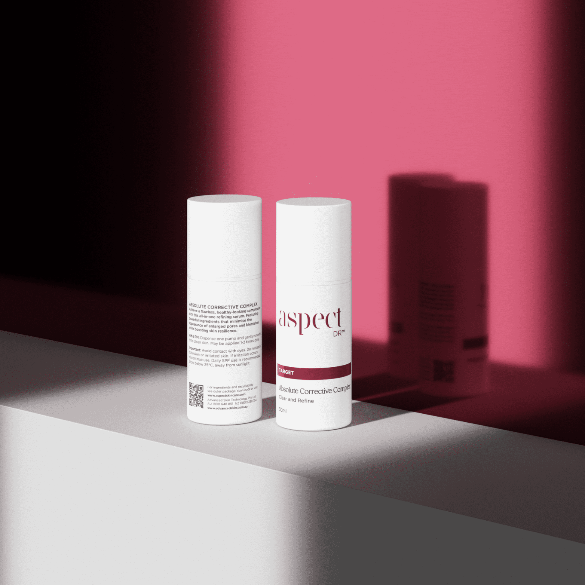 Aspect Dr new formulas Absolute Corrective Complex bottles on red background