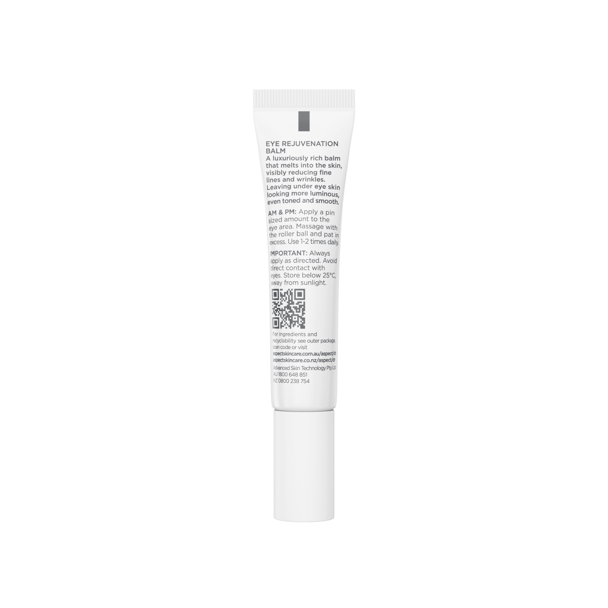 A white squeeze tube of Aspect Dr eye cream with black text on the back, shown against a plain white background.