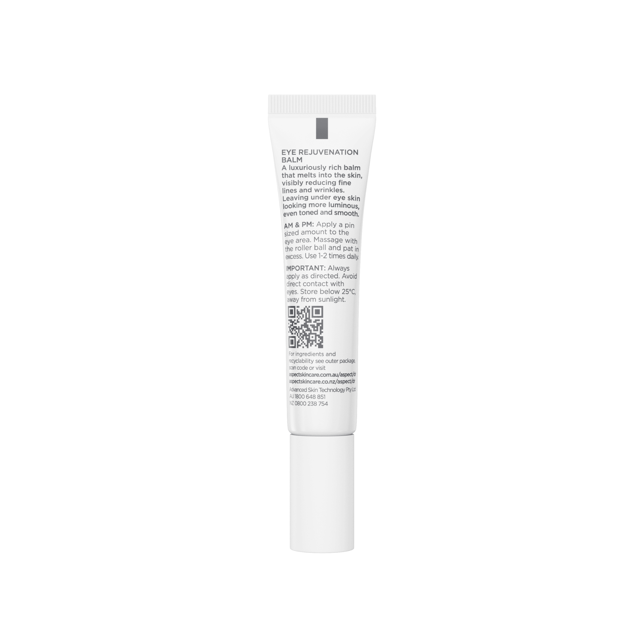 A white squeeze tube of Aspect Dr eye cream with black text on the back, shown against a plain white background.