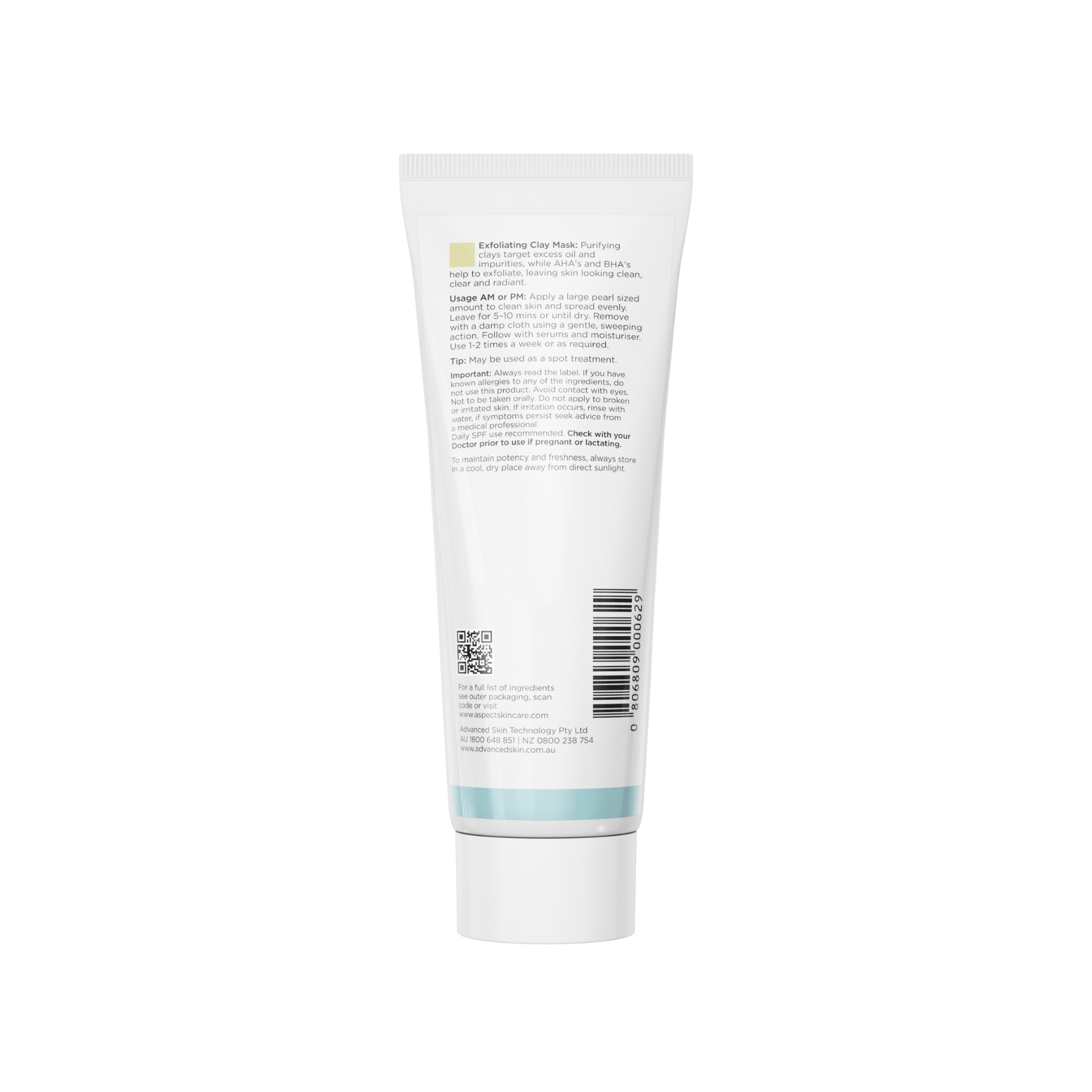 Back of Aspect Exfoliating Clay Mask Tube with a label on a white background
