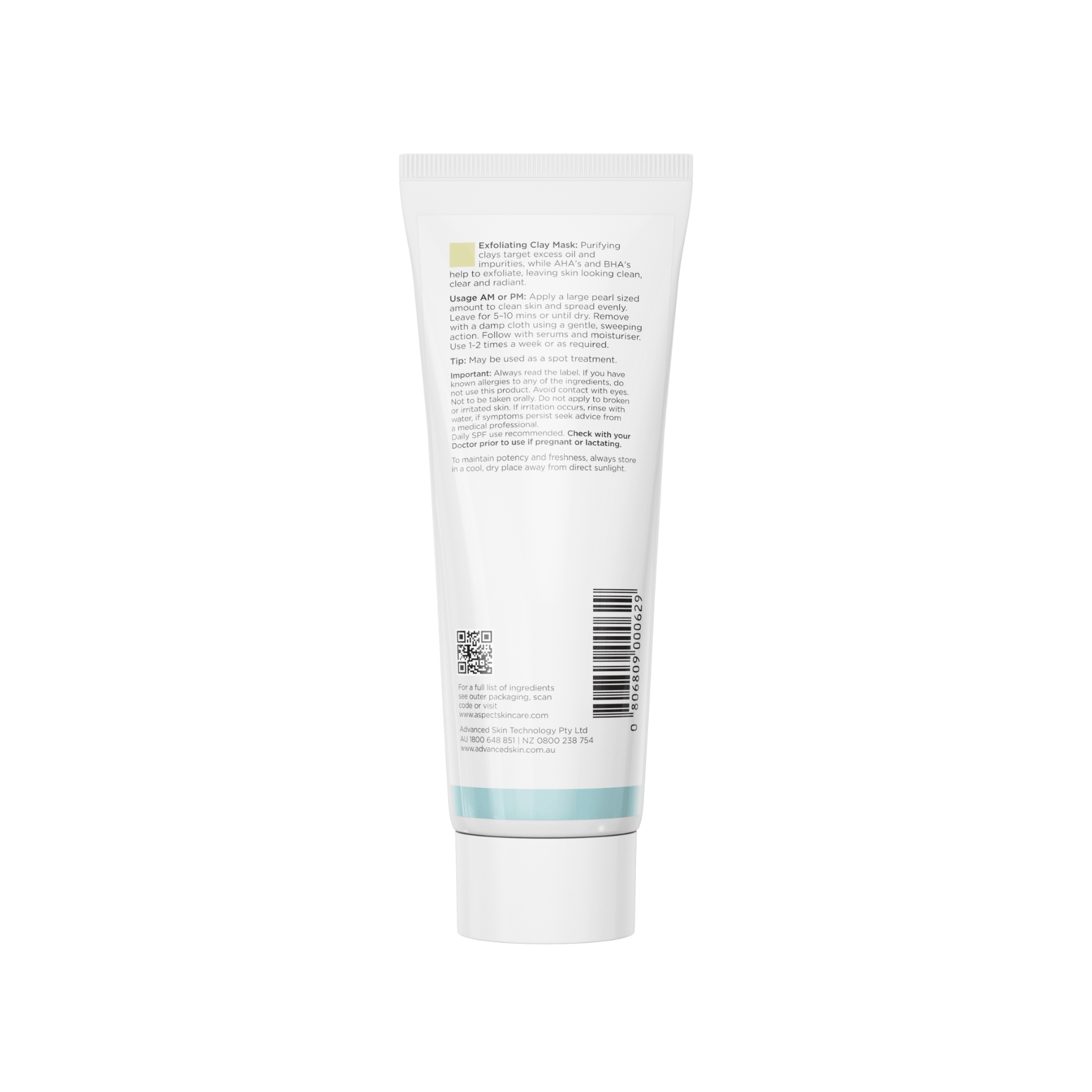 Back of Aspect Exfoliating Clay Mask Tube with a label on a white background