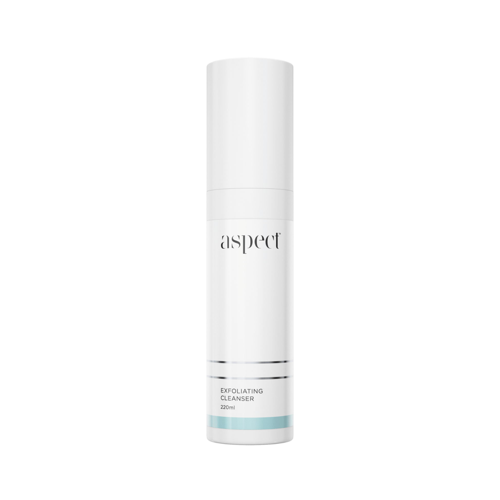 Skincare bottle labeled Aspect Exfoliating Cleanser on a white background