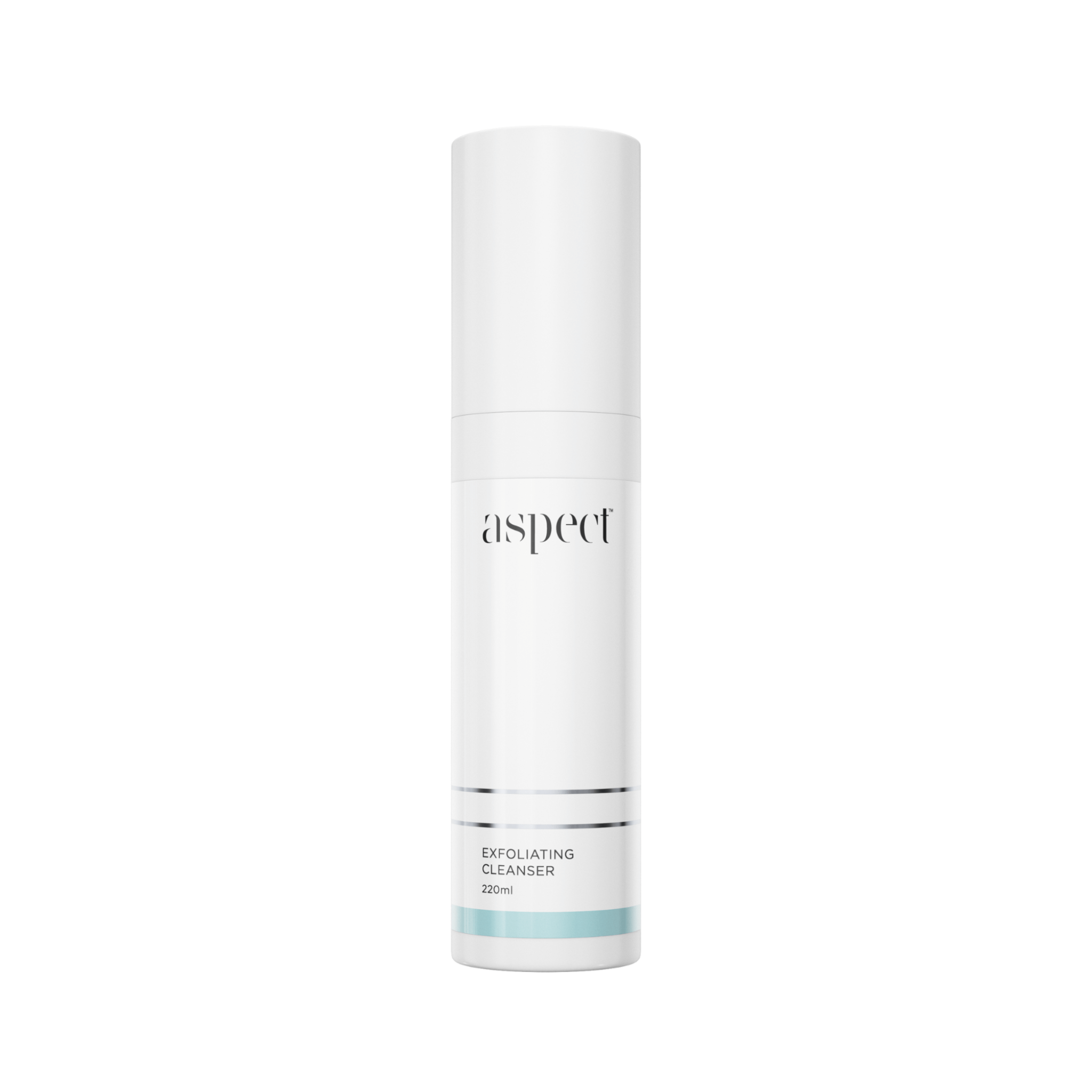 Skincare bottle labeled Aspect Exfoliating Cleanser on a white background