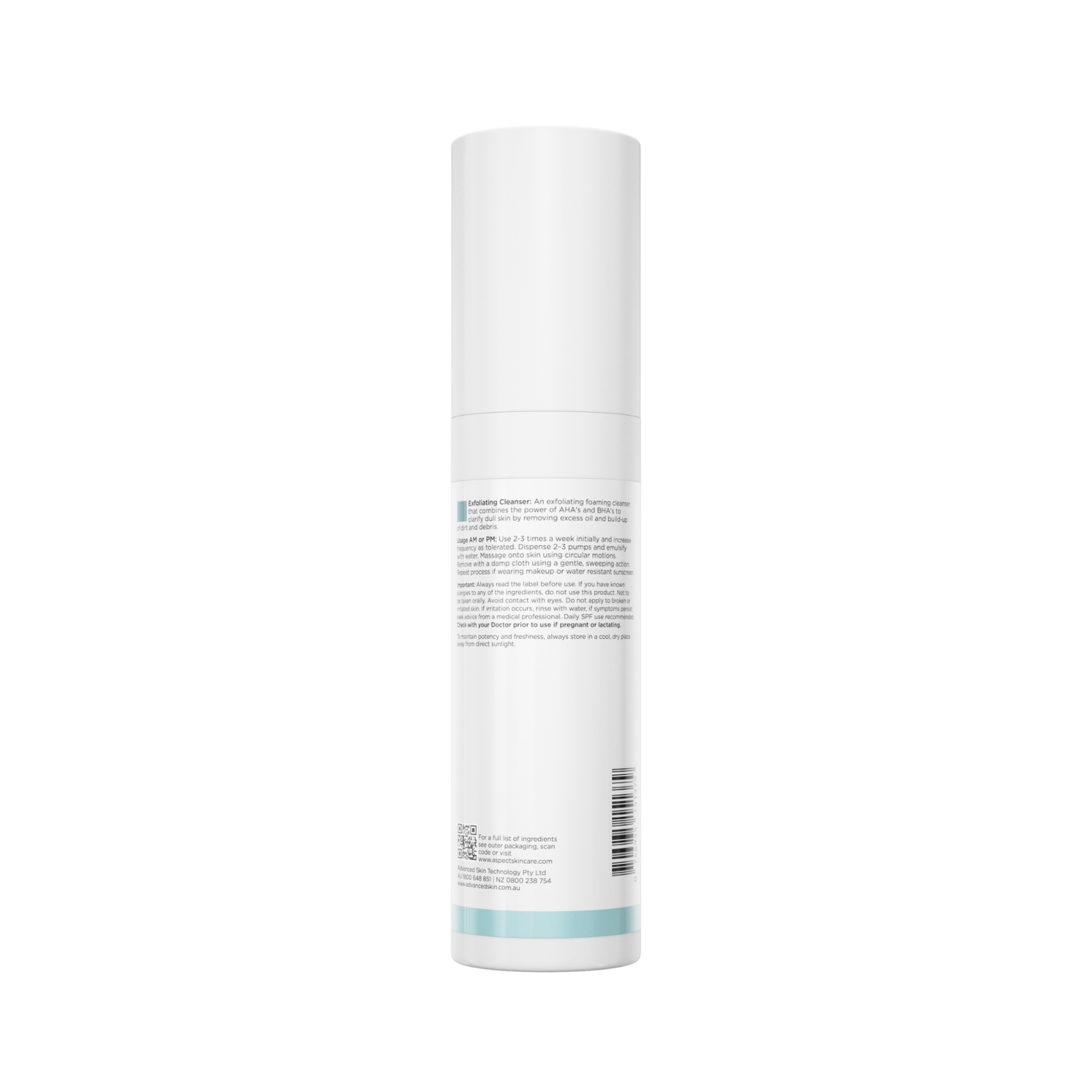 Back of Aspect Exfoliating cleanser product on a white background