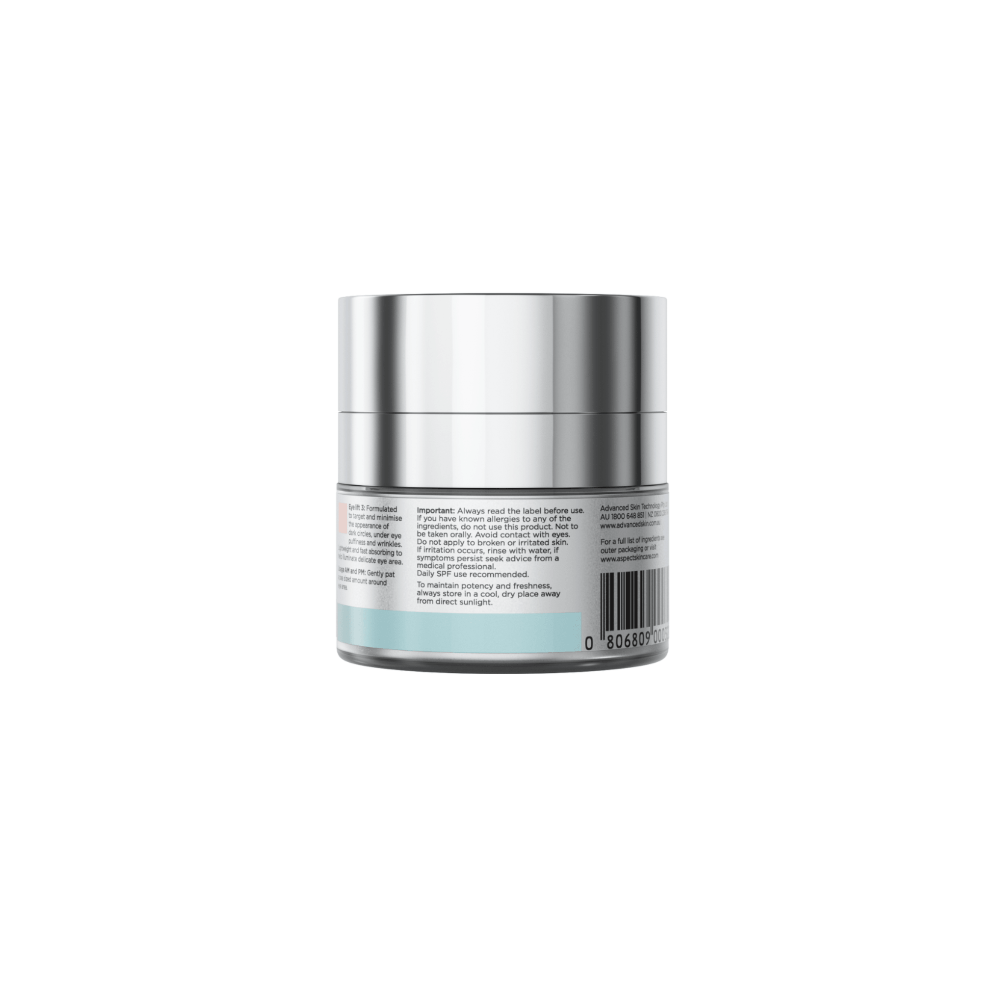 Back of Aspect Eyelift 3 jar with label on a white background
