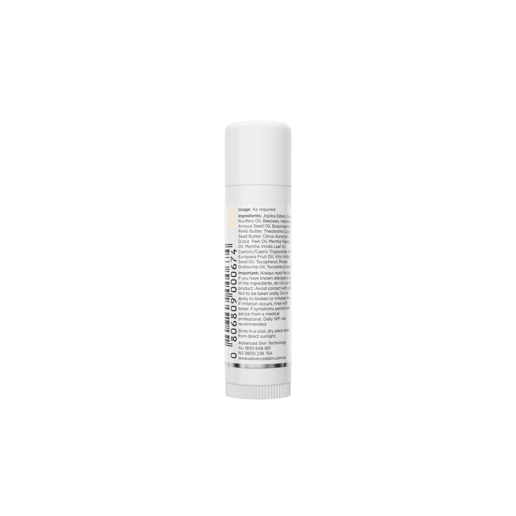 Back of Aspect Hydrating Lip balm 5g on white background