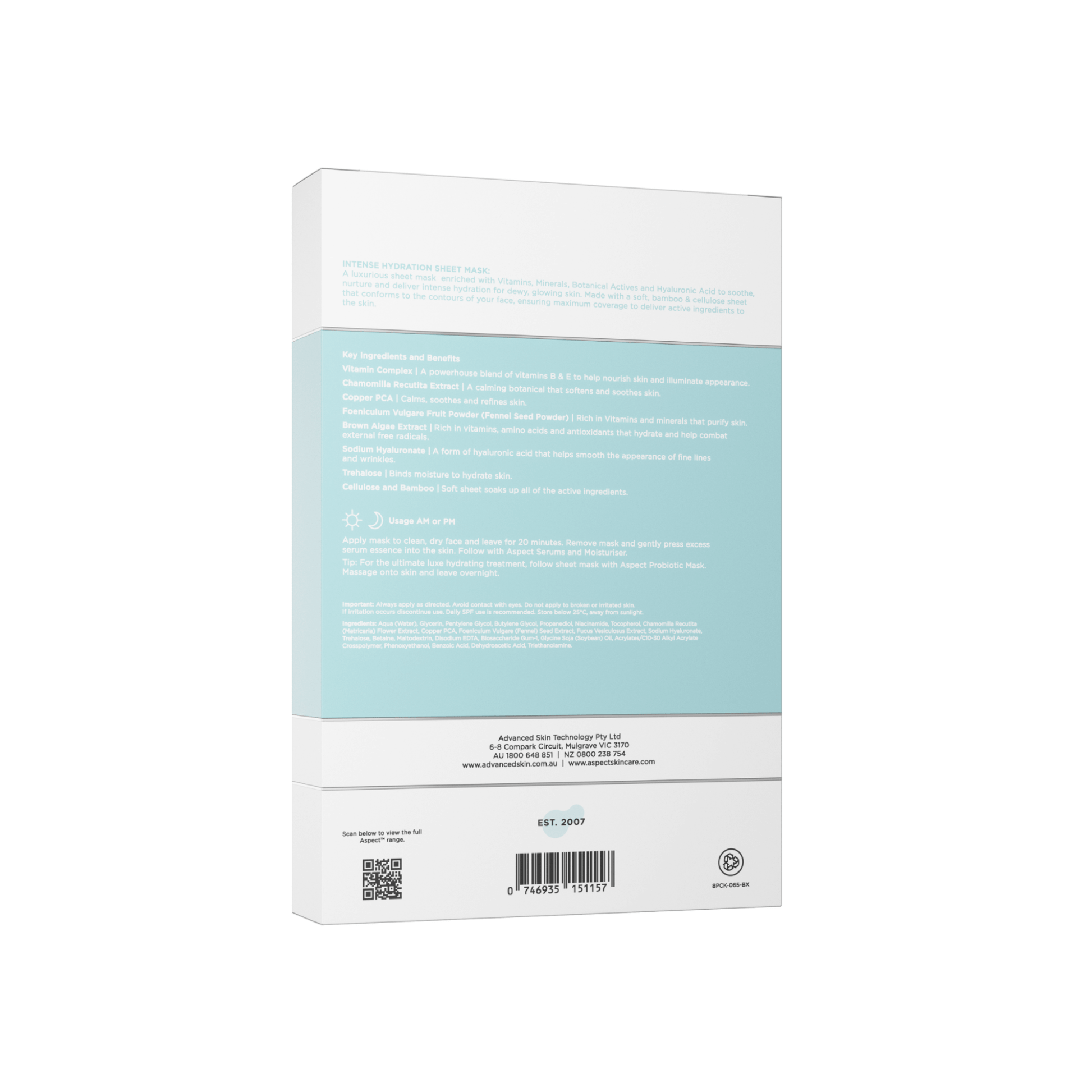 Aspect Intense Hydration back of box packaging with a light blue label on a white background