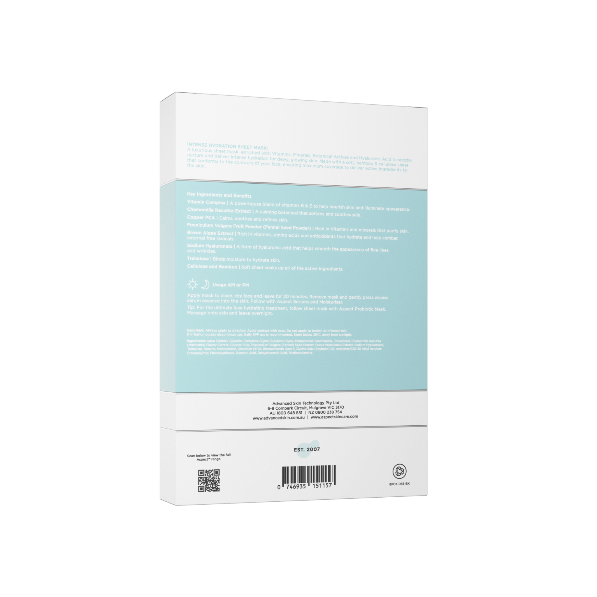 Aspect Intense Hydration back of box packaging with a light blue label on a white background