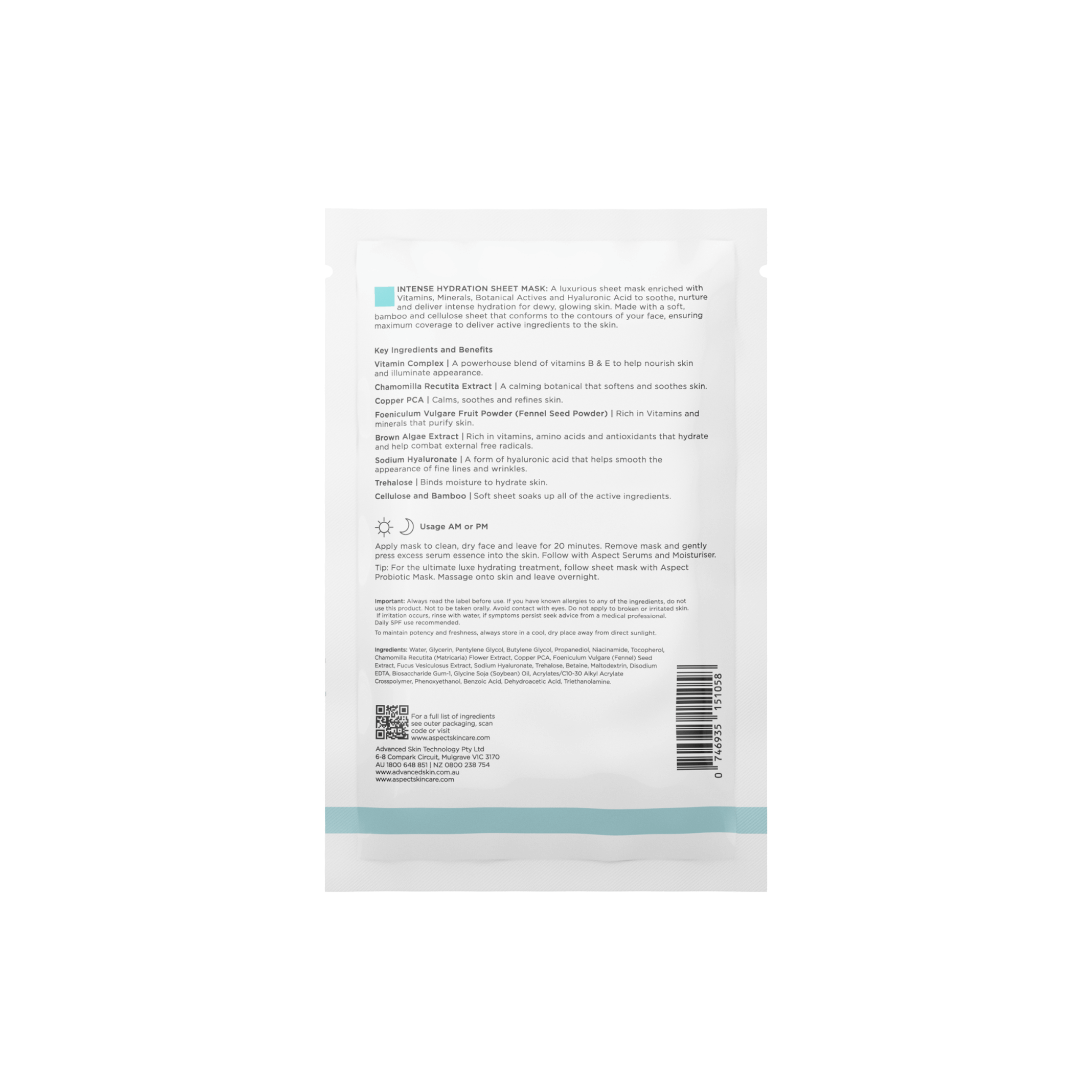 Back view of Aspect Intense hydration mask packet with text on a white background