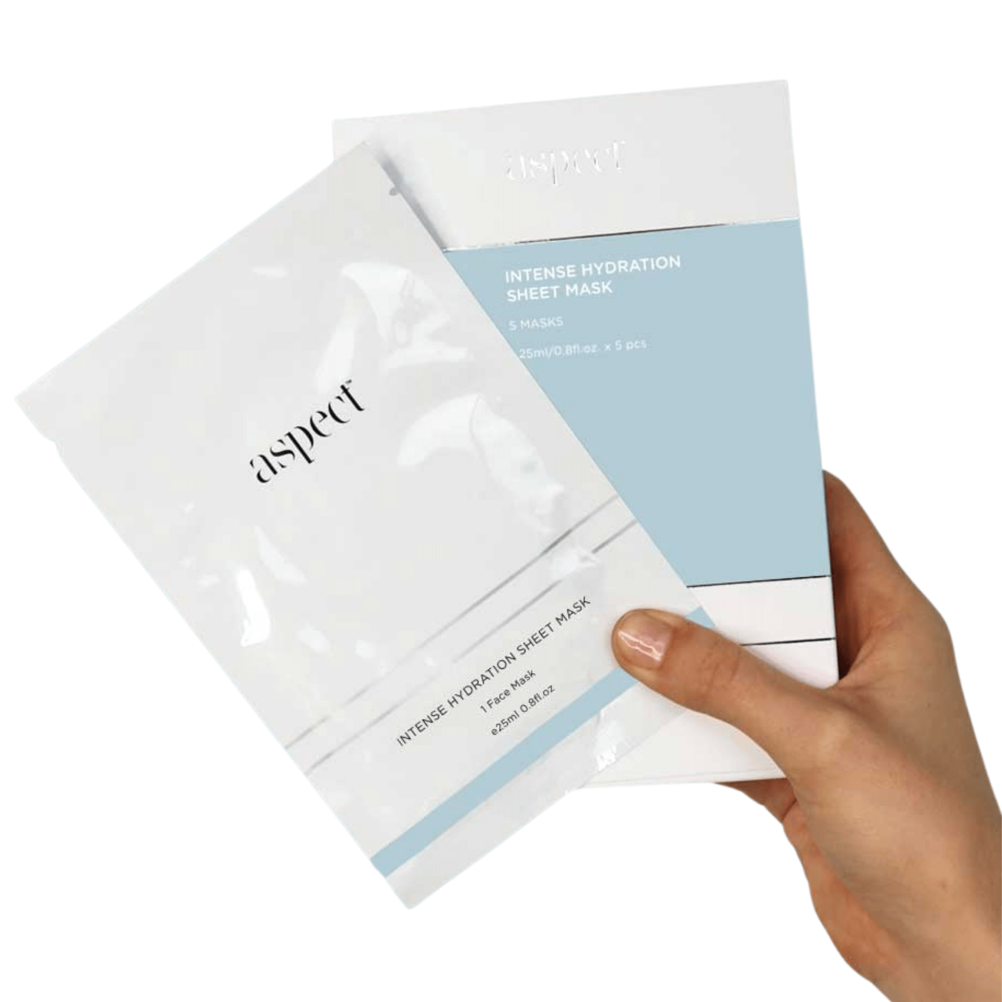 Hand holding an Aspect Intense Hydration Sheet Mask packaging on a white background