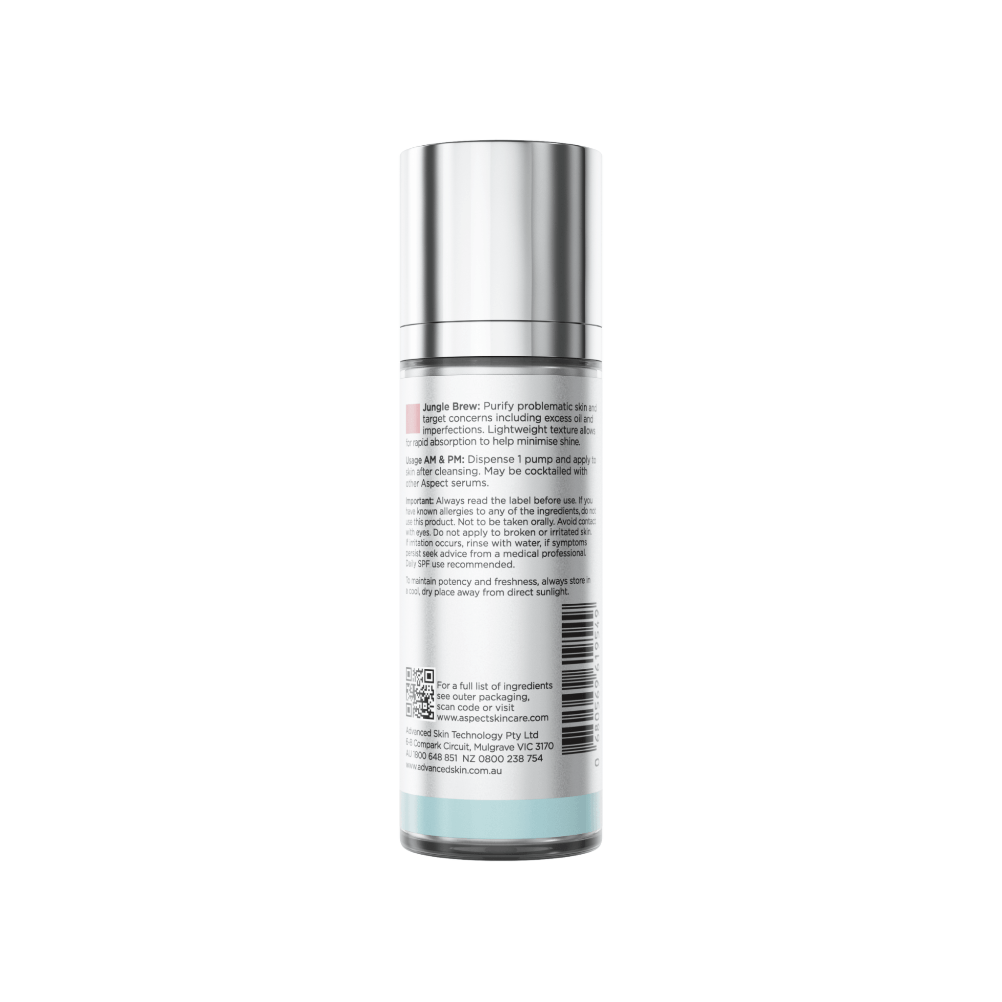 Back of Aspect Jungle Brew serum bottle with label on a white background