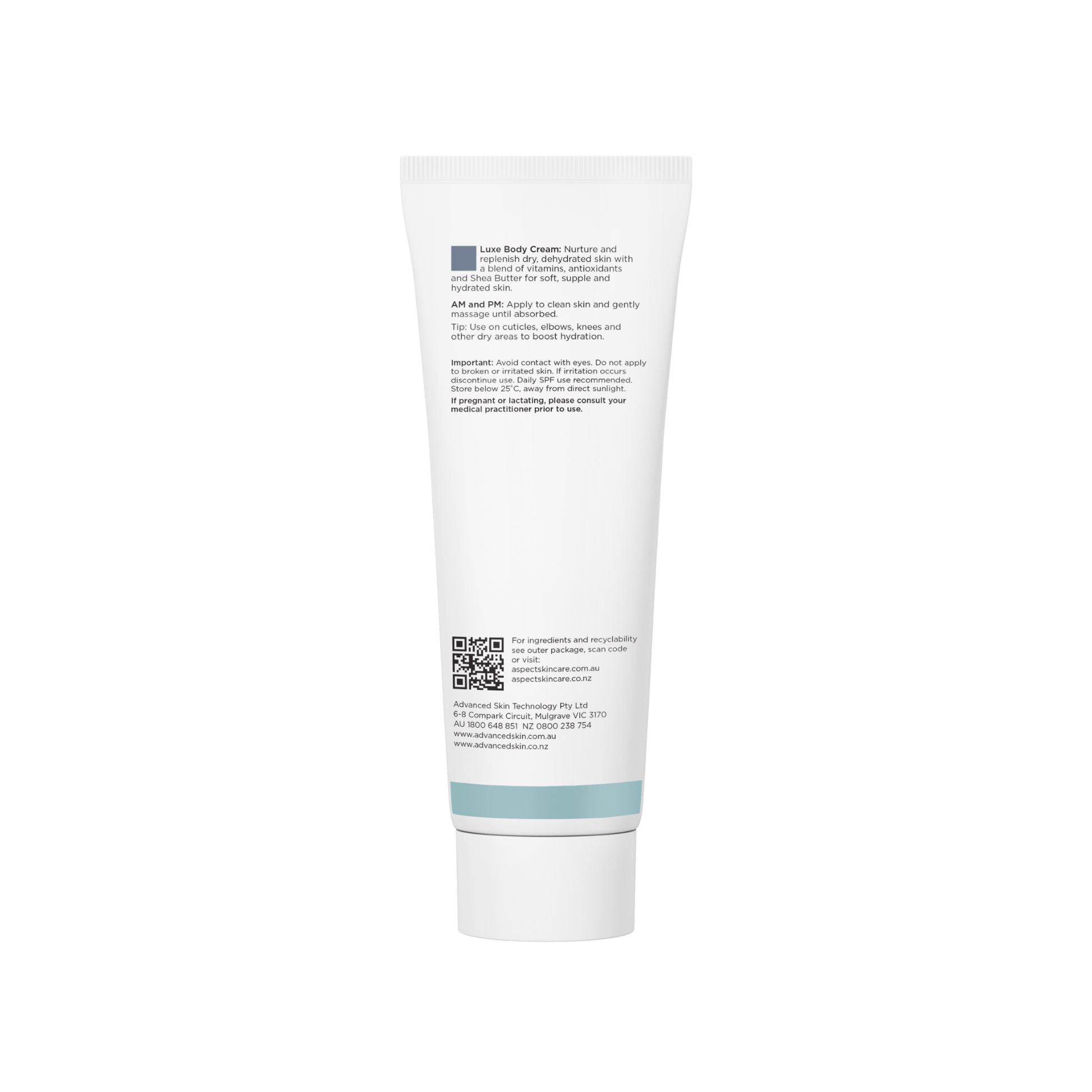 White tube of Aspect Body moisturiser on a white background