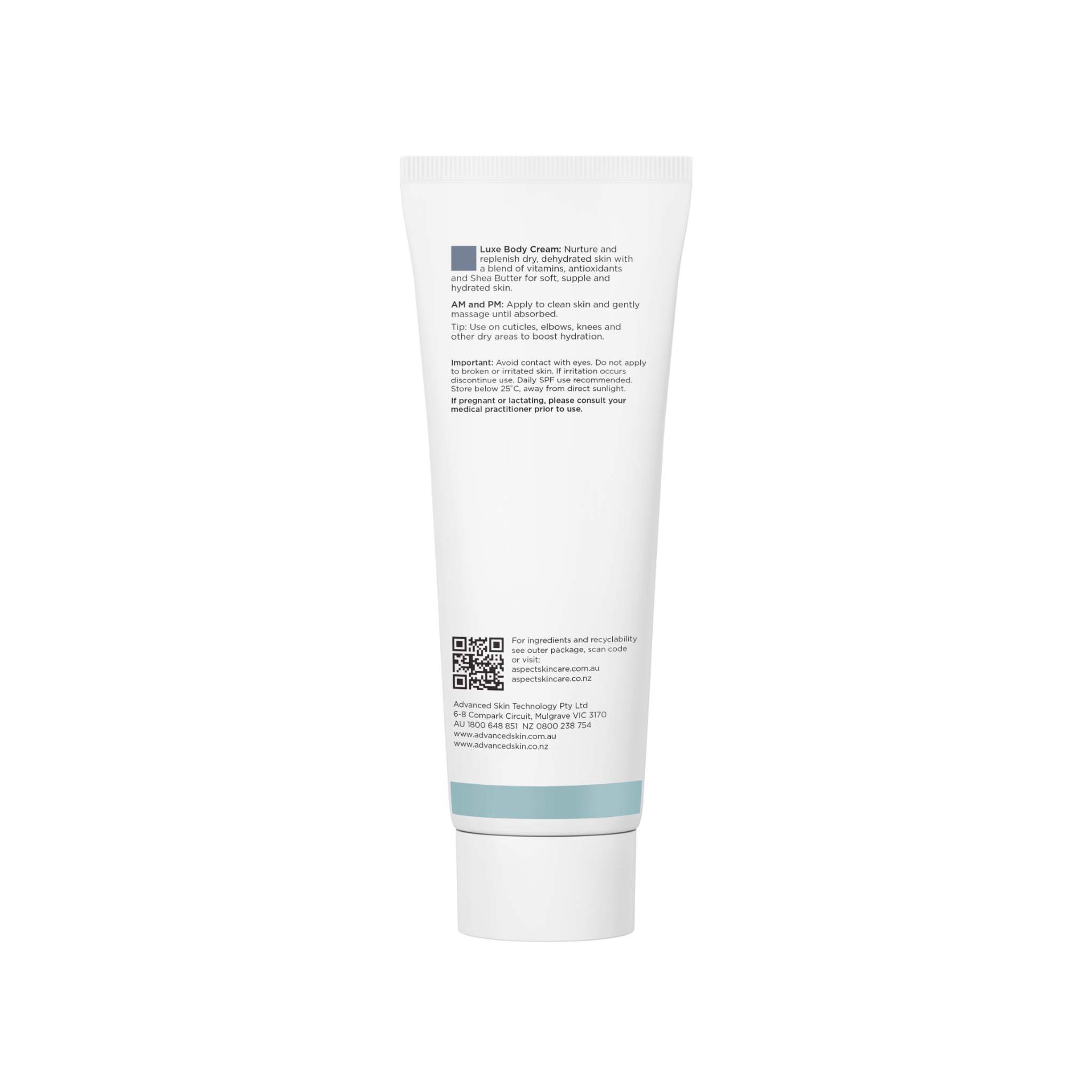 White tube of Aspect Body moisturiser on a white background