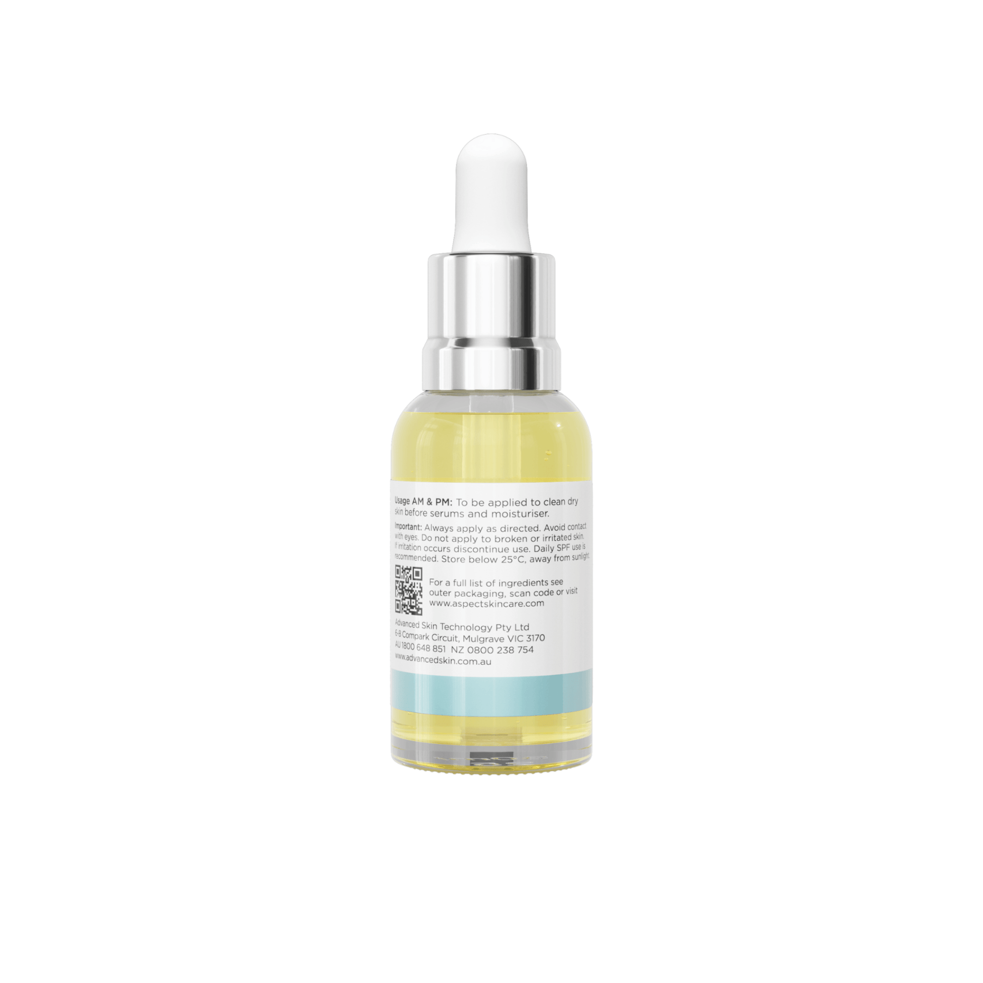Back of Aspect Marine youth oil serum bottle with dropper on a white background