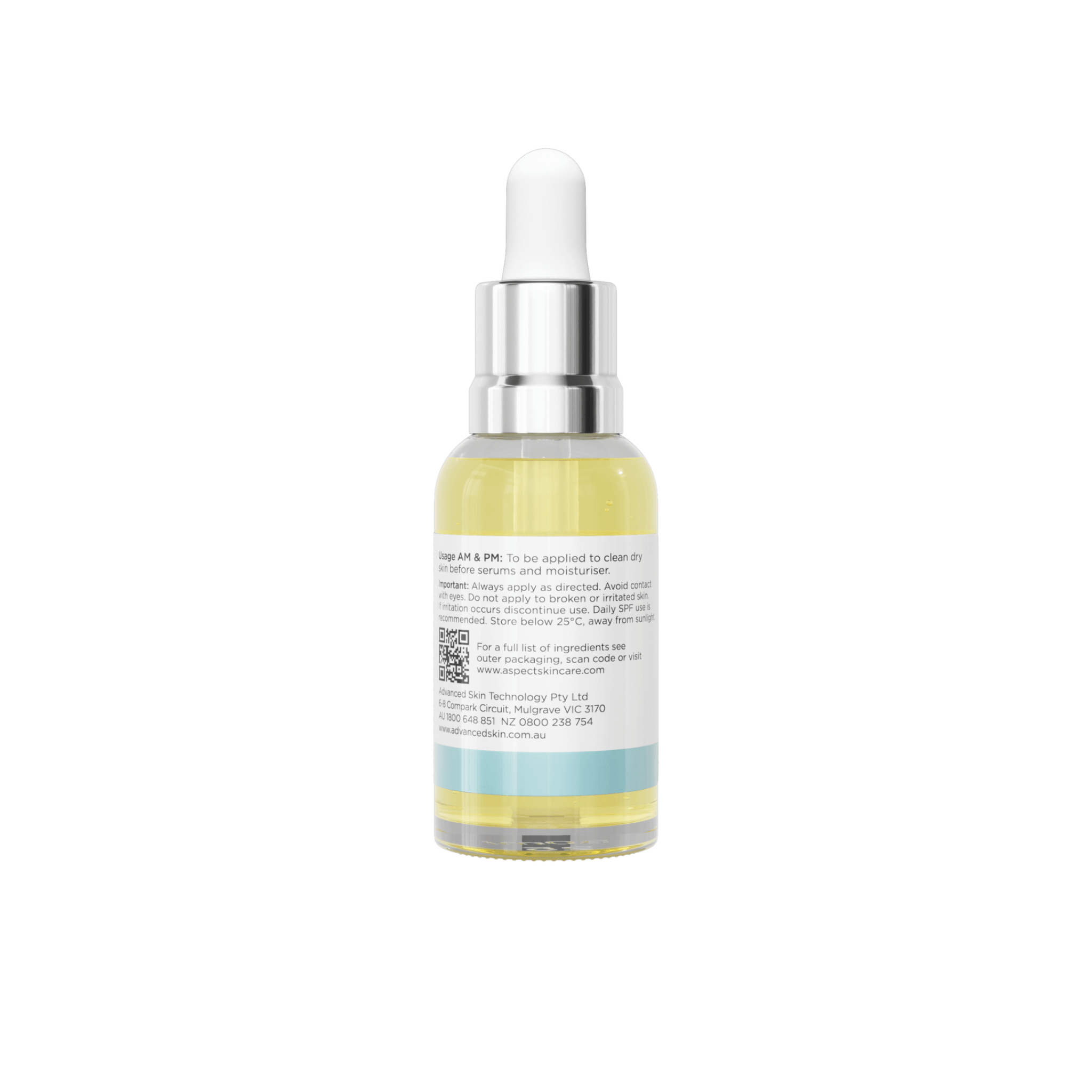 Back of Aspect Marine youth oil serum bottle with dropper on a white background