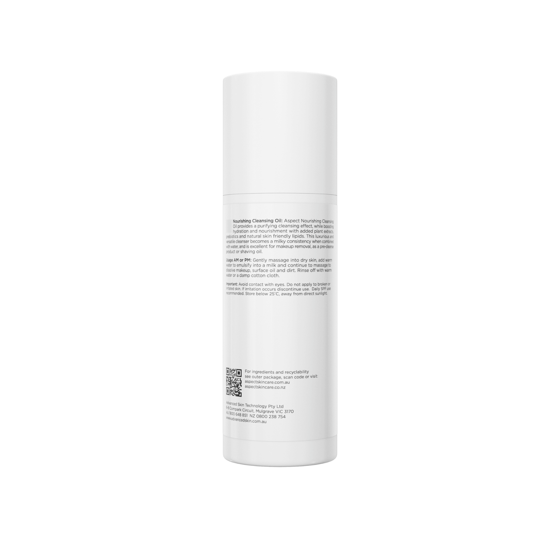 Back of Aspect Nourishing Cleansing oil with label on a white background