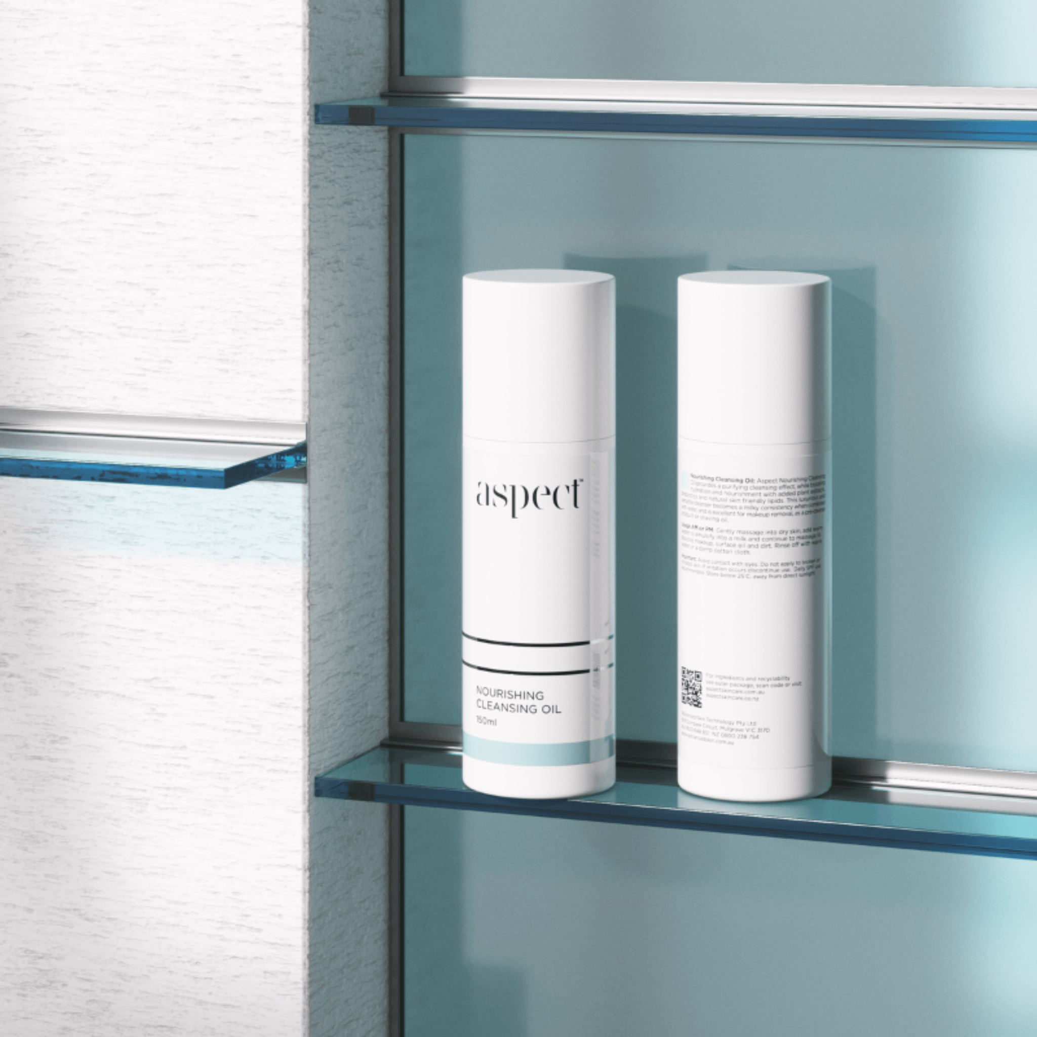 Two Aspect Nourishing Cleansing Oil products on a shelf with light blue background