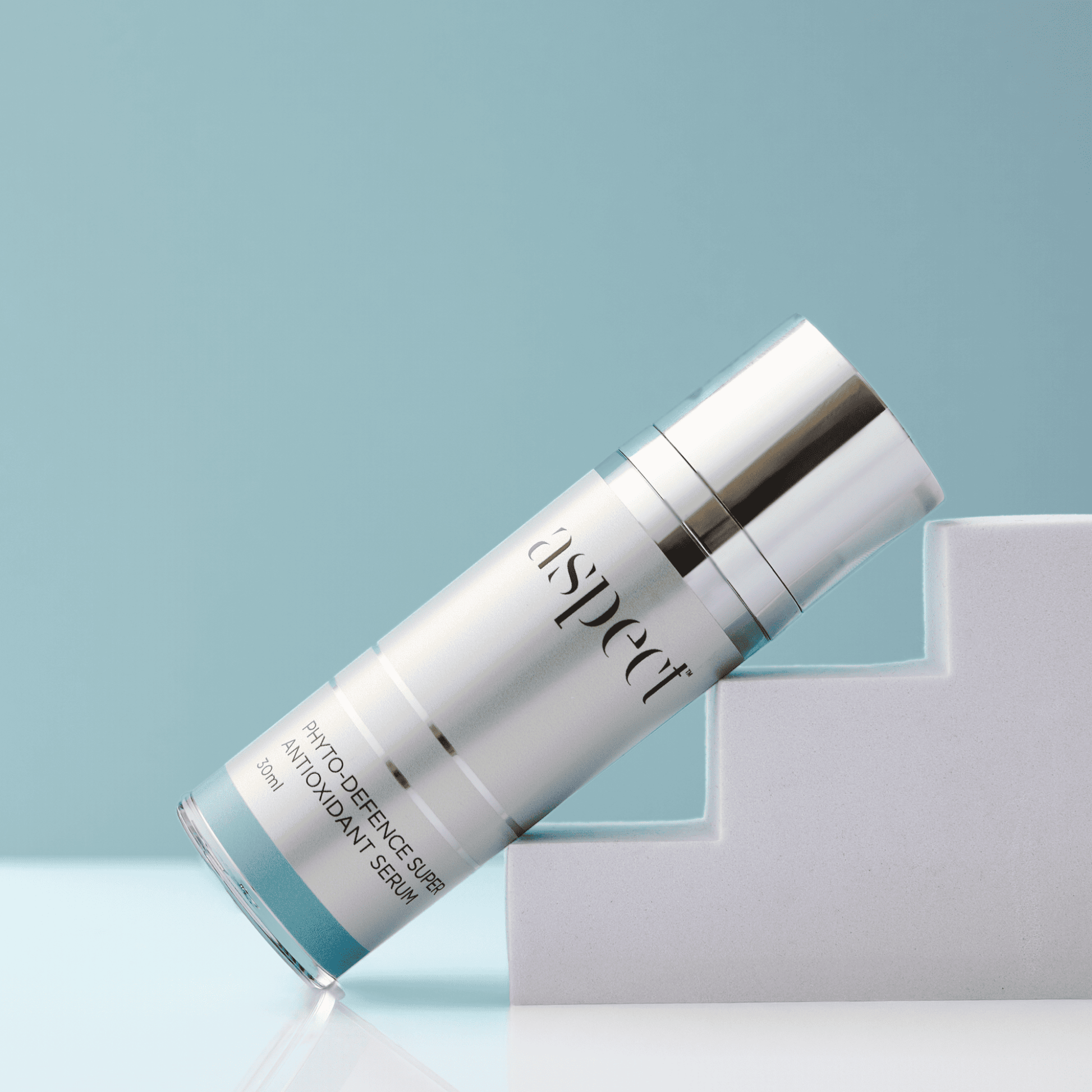 Aspect Phyto-Defence Super Antioxidant Serum bottle on a light blue background