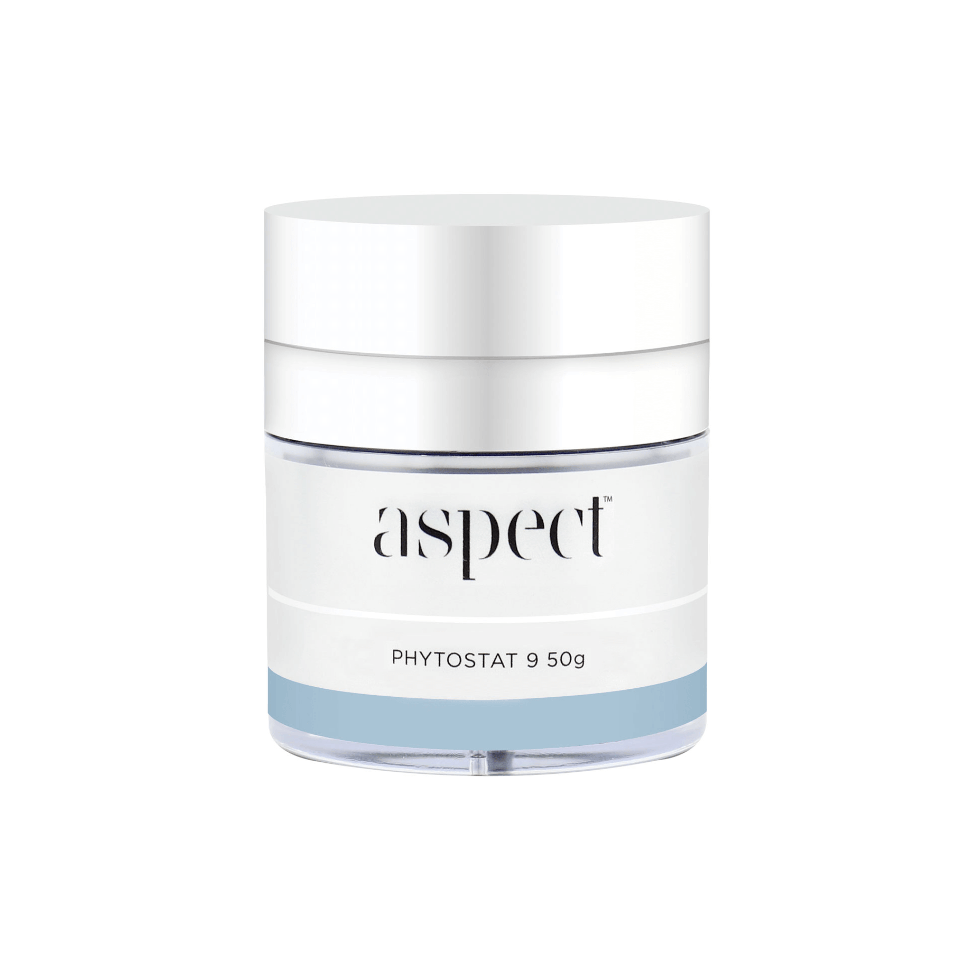 Skincare jar labeled 'aspect phytostat 9' on a white background