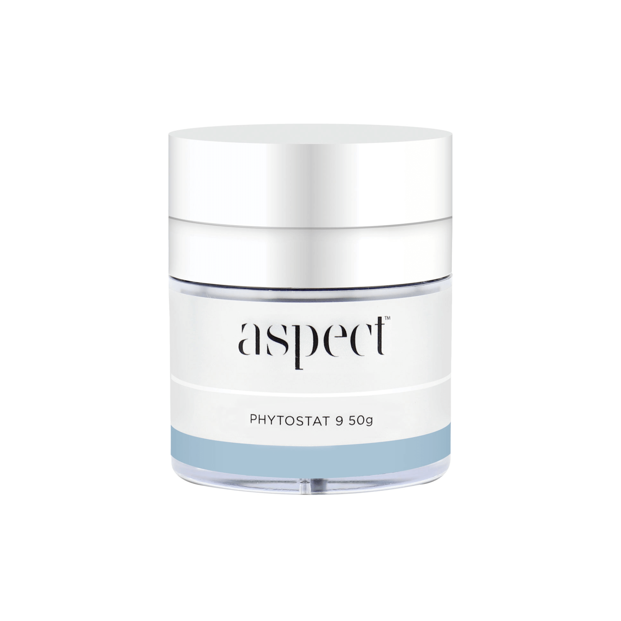 Skincare jar labeled 'aspect phytostat 9' on a white background