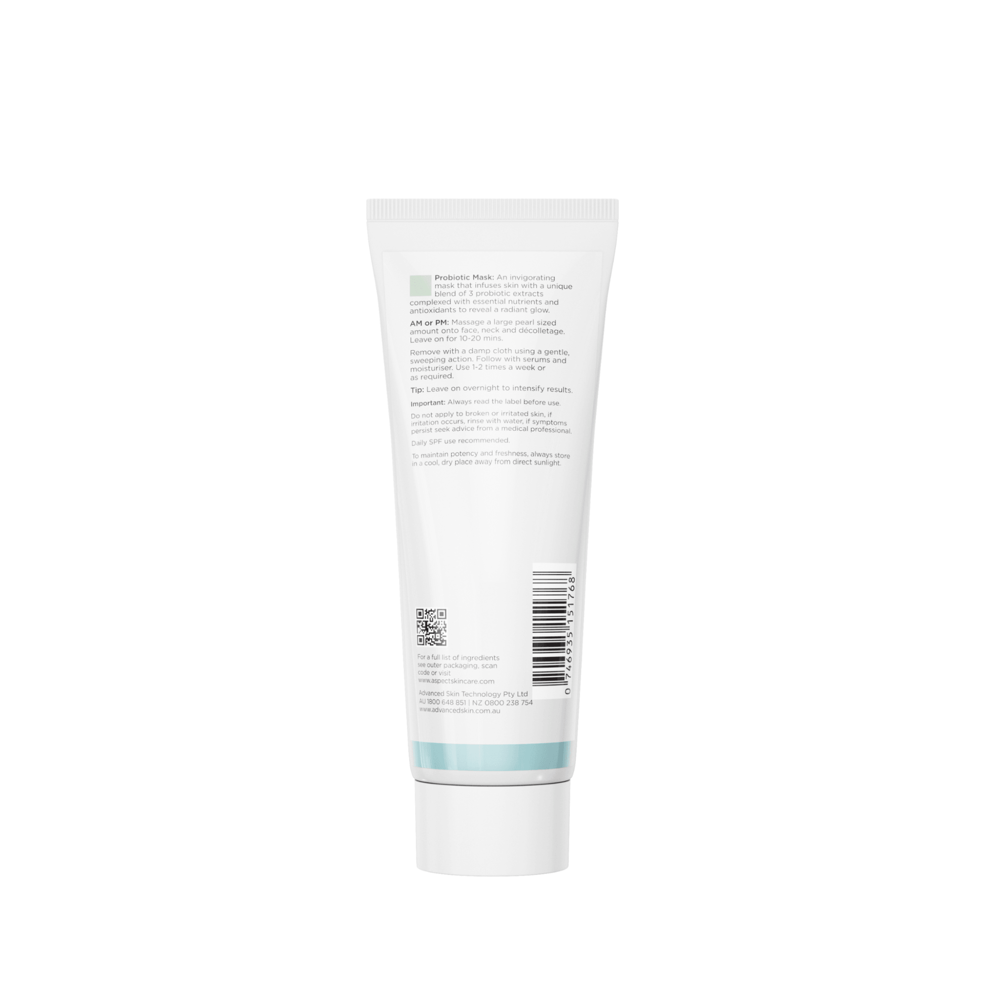 Back of Tube of Aspect Probiotic Mask on a white background