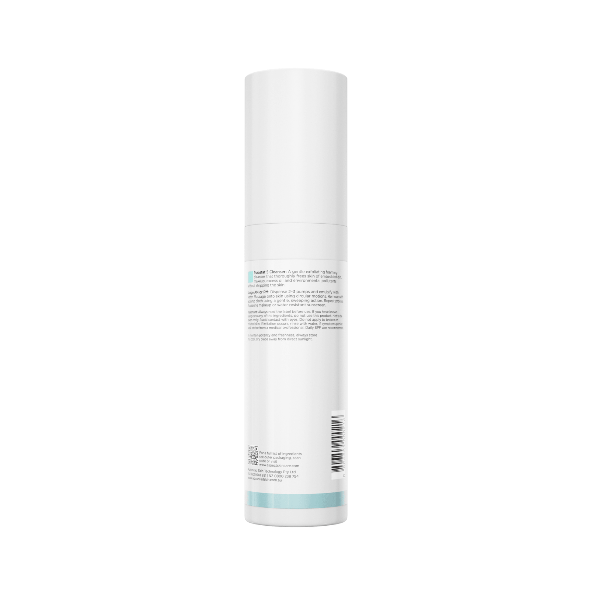 Back of Aspect Purastat 5 cleanser on a white background
