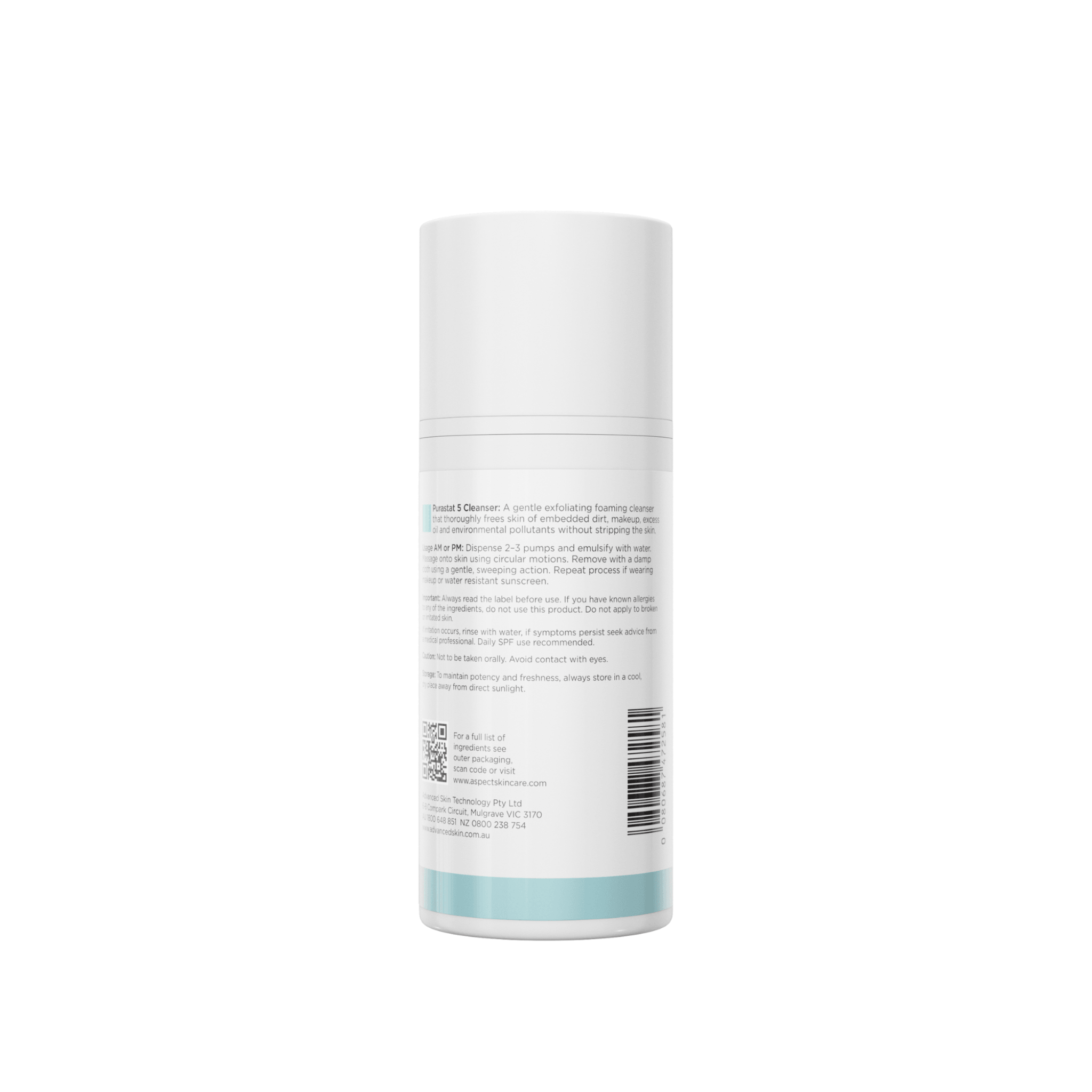 Back of Aspect Purastat 5 cleanser on a white background