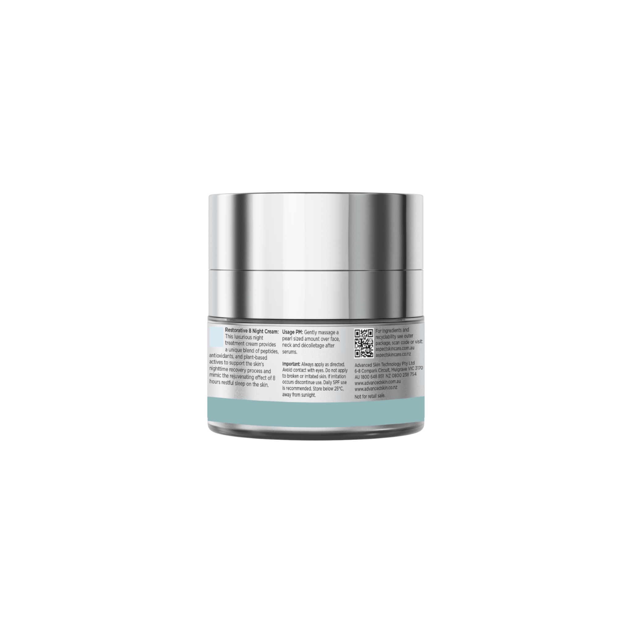 Back of Aspect Restorative 8 Night Cream with label on a white background
