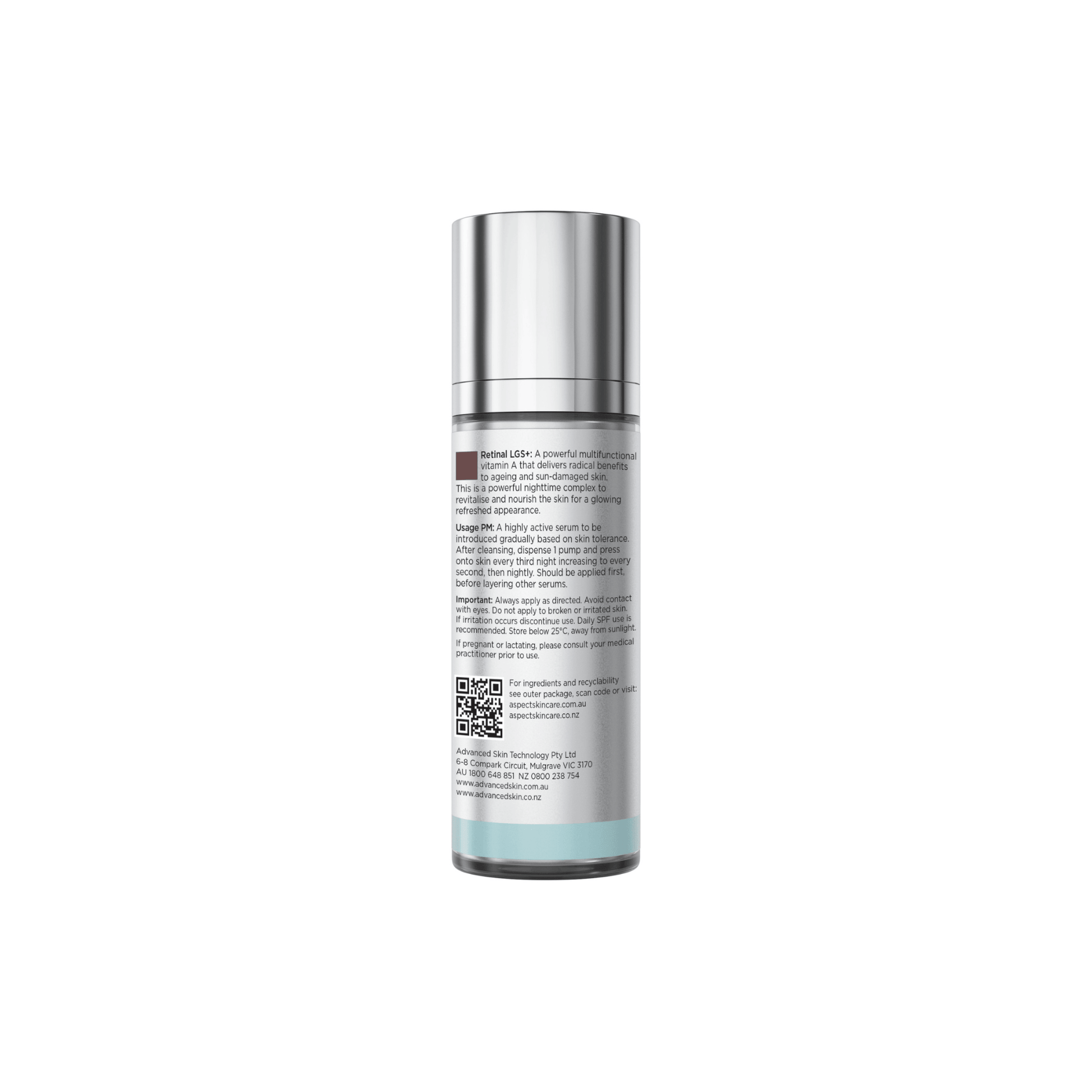 Back of Aspect LGS+ Skincare bottle with label on a white background