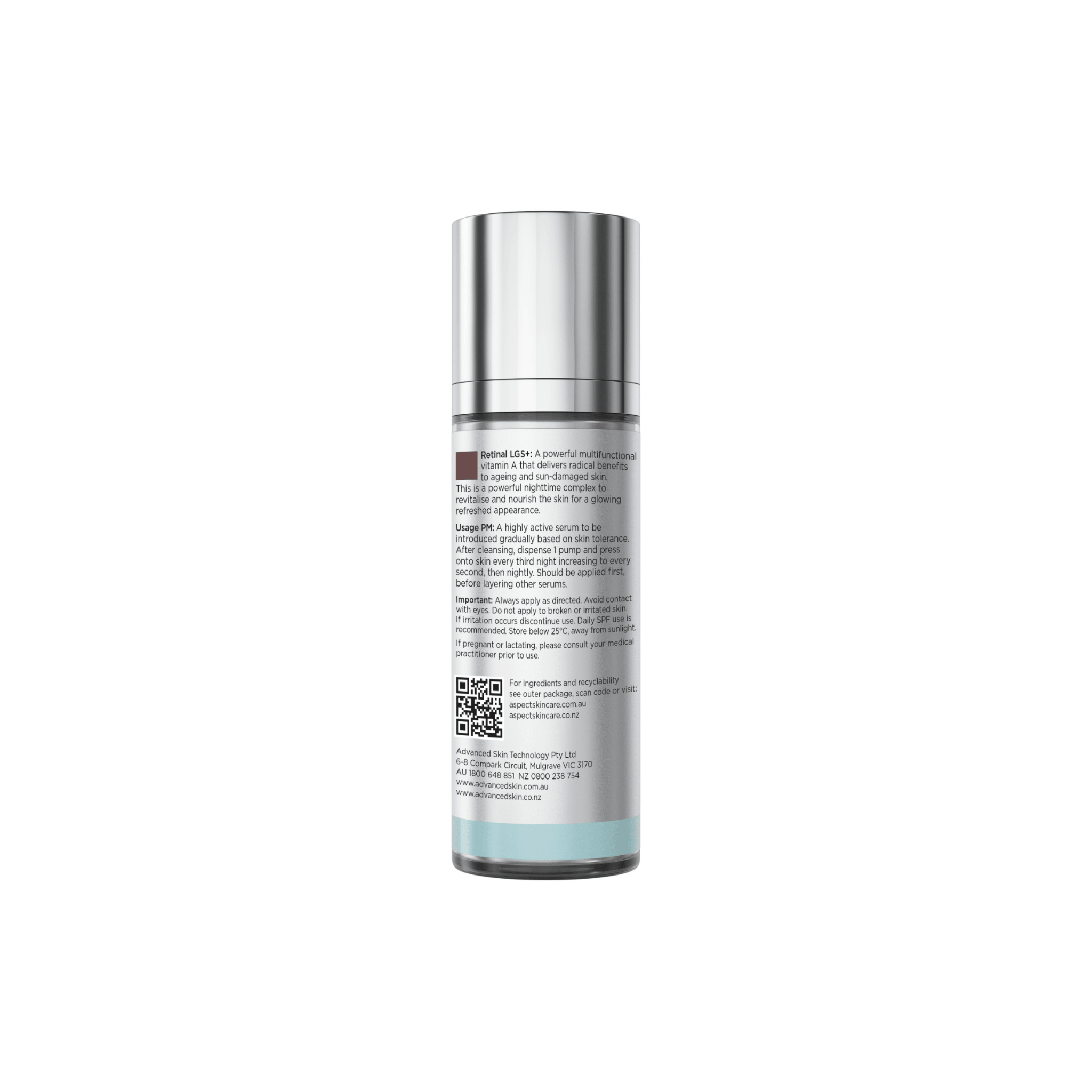 Back of Aspect LGS+ Skincare bottle with label on a white background