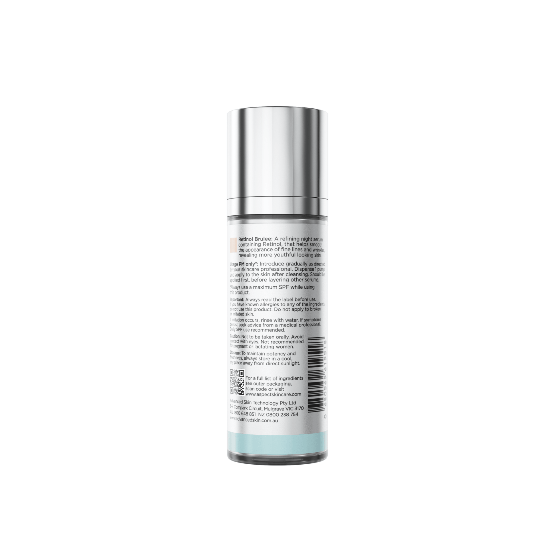 Back of Aspect Retinol Brulee bottle on white background