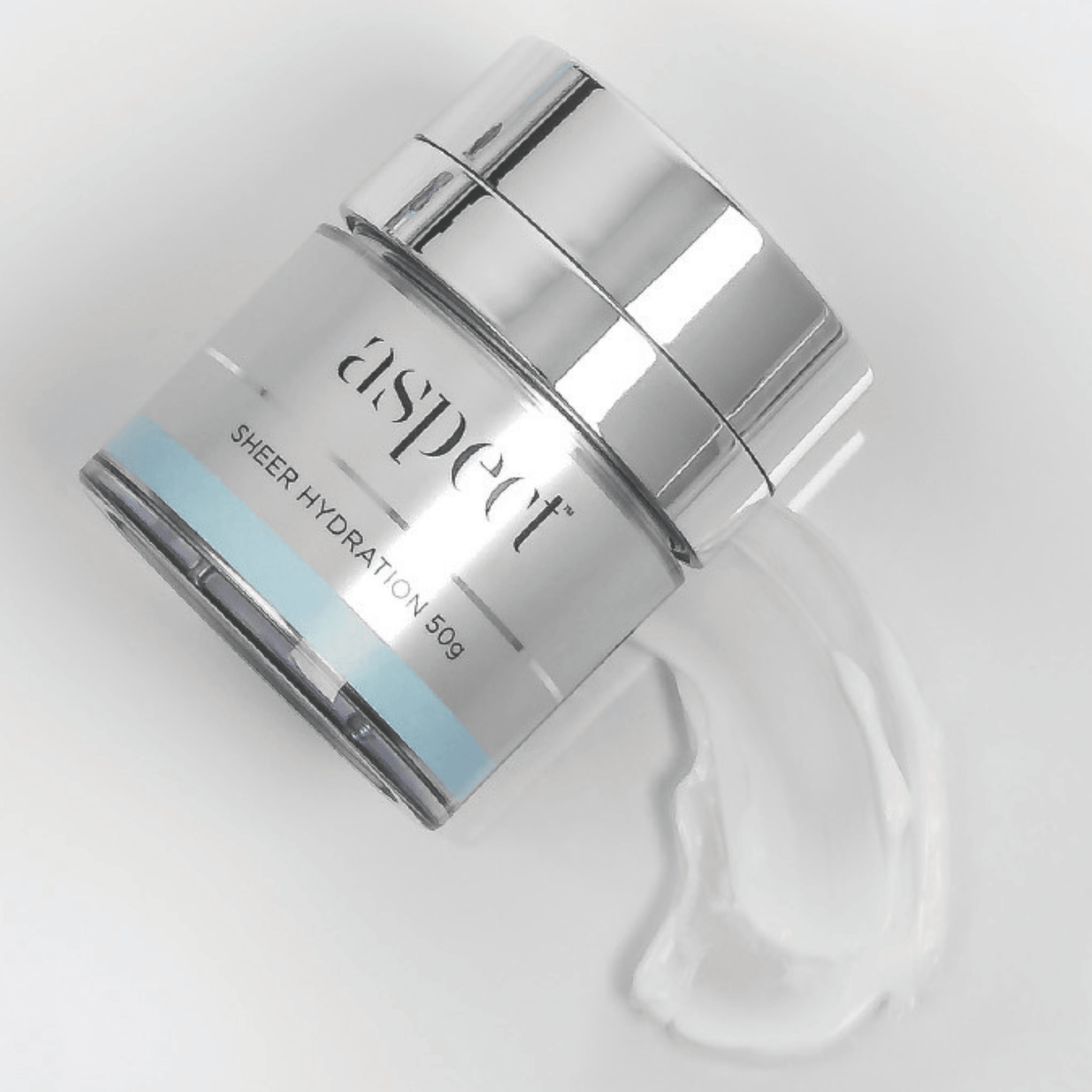 Skincare jar labeled Aspect Sheer Hydration 50g on a light background