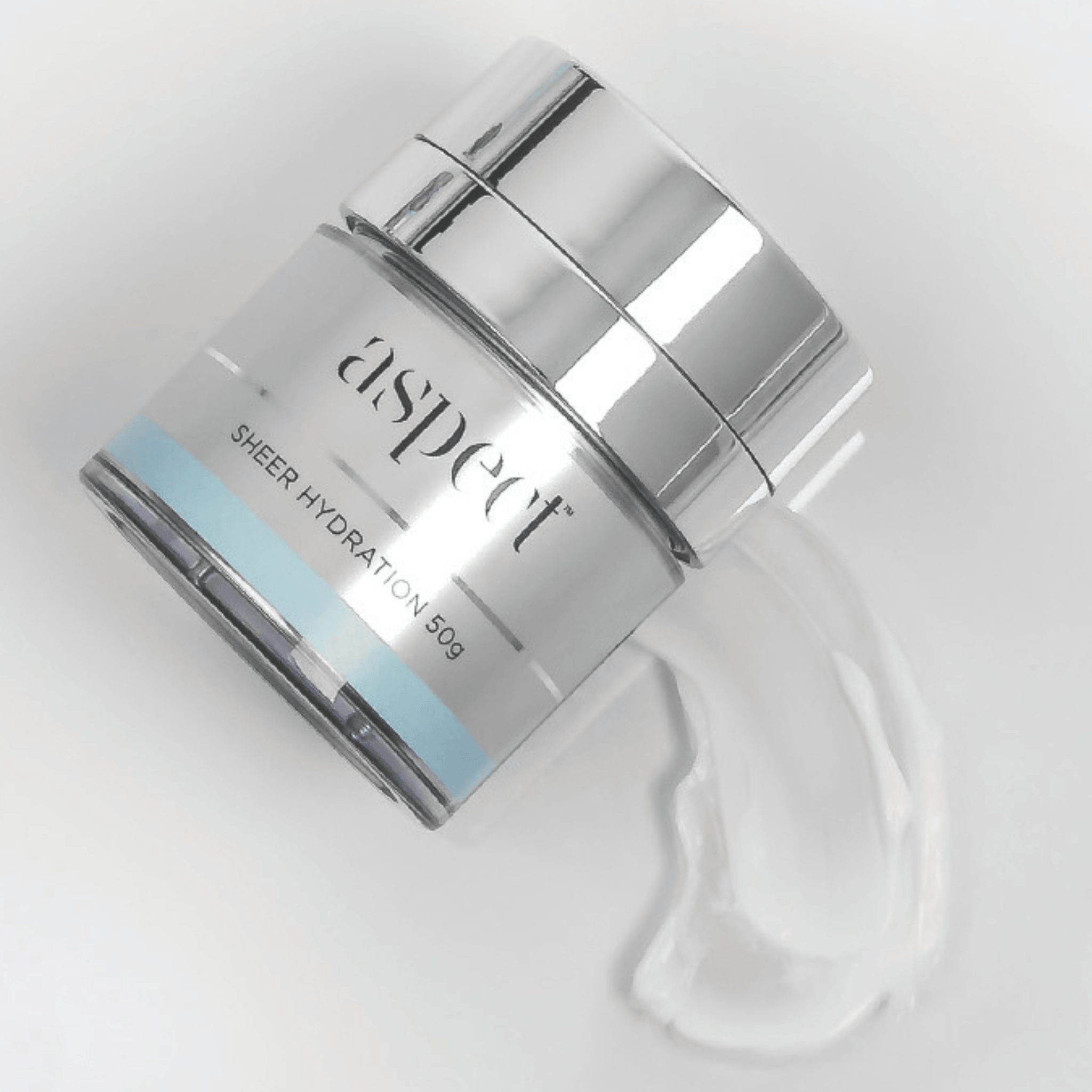 Skincare jar labeled Aspect Sheer Hydration 50g on a light background