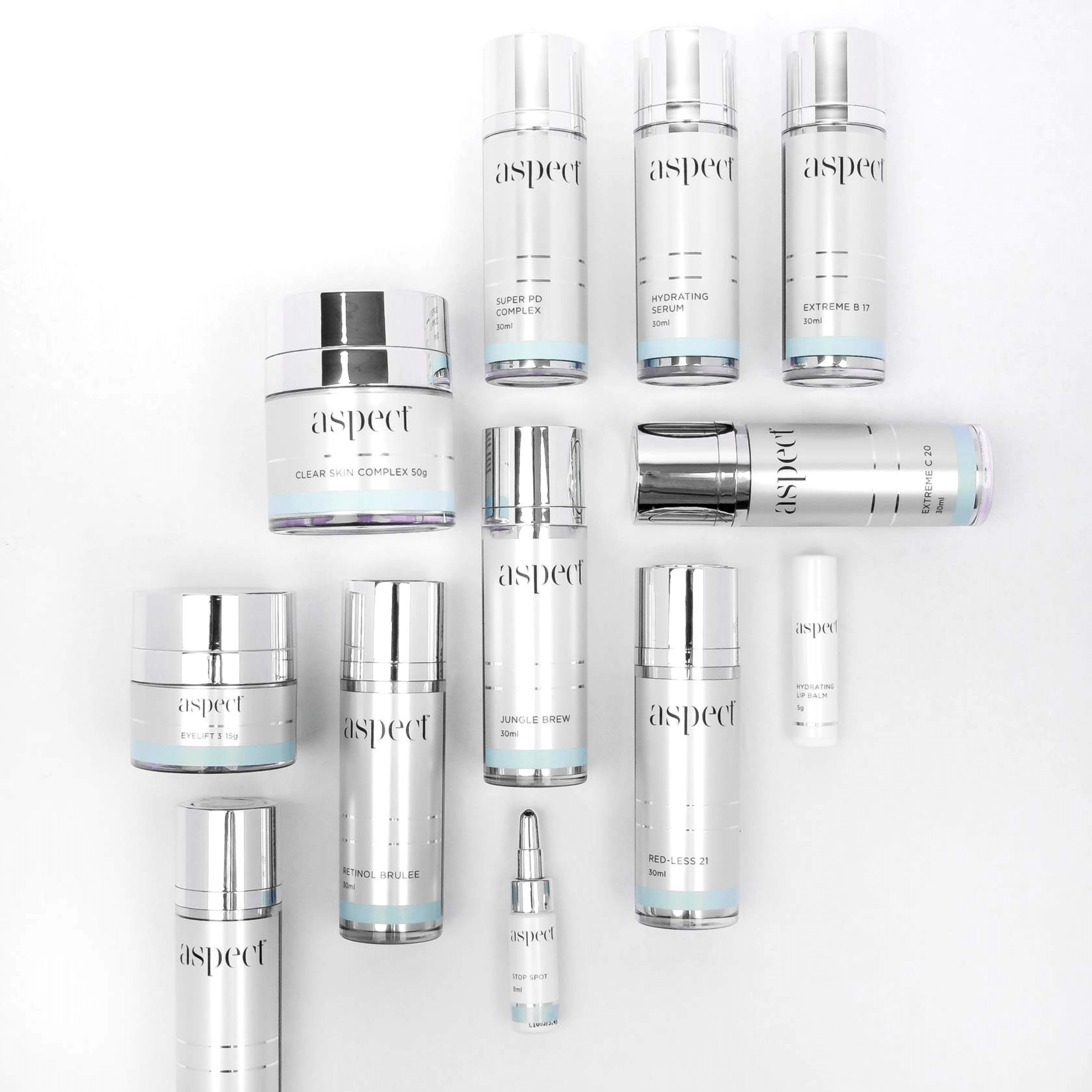 Collection of Aspect skincare products on a white background