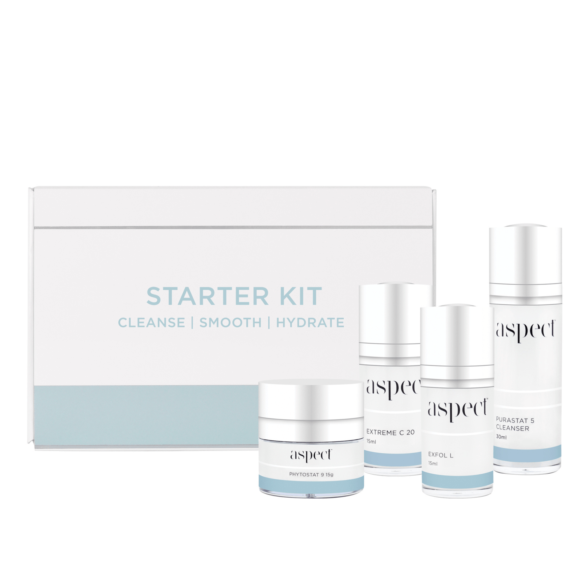 Aspect Skincare starter kit with multiple bottles and a box on a white background