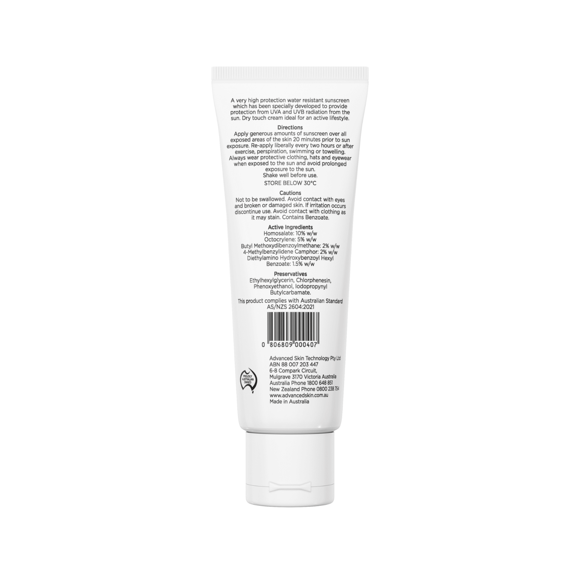 Back of Aspect Envirostat face SPF 50+ white sunscreen tube with text on a white background