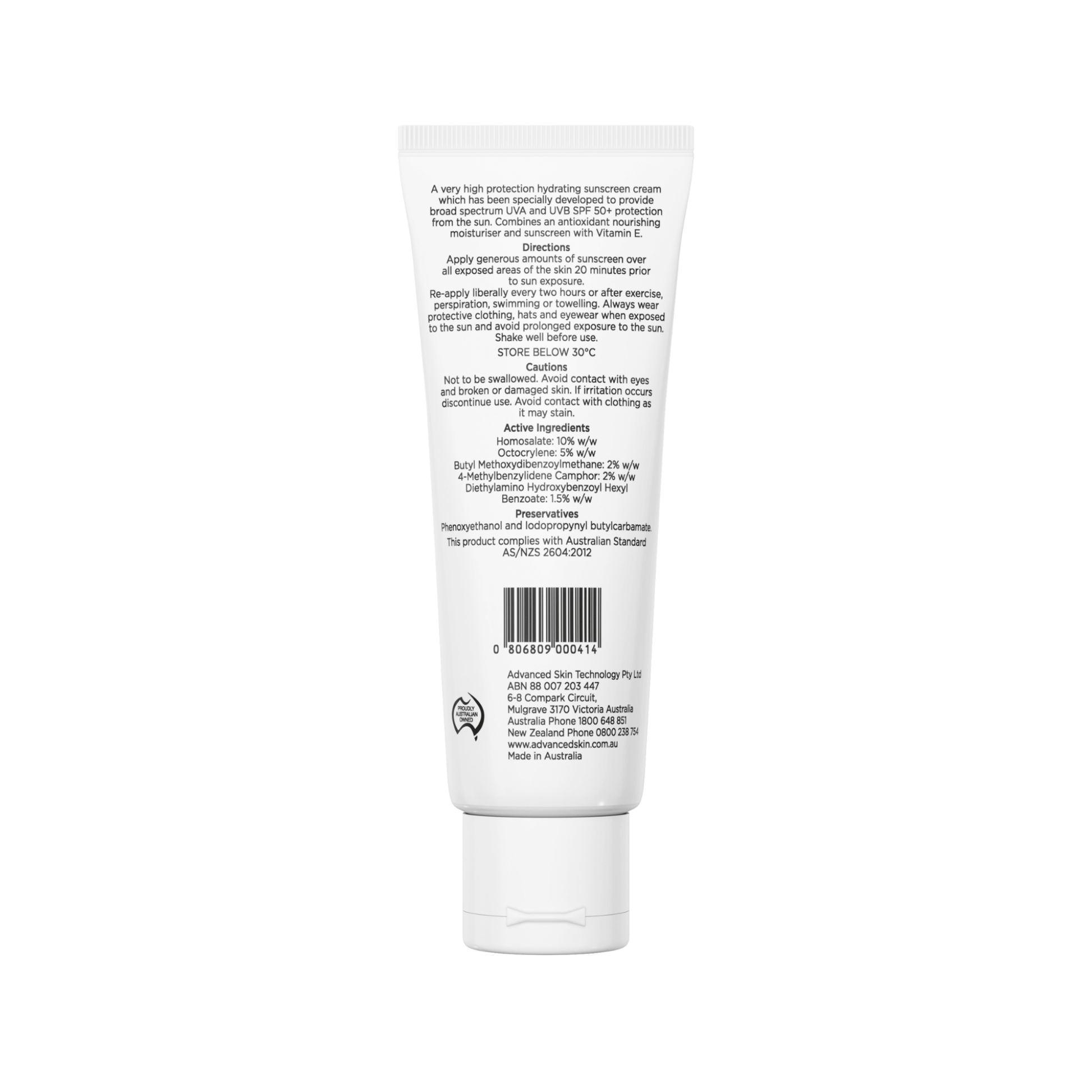 Back view of Aspect Sun Hydrating Face SPF sunscreen tube with text on a white background