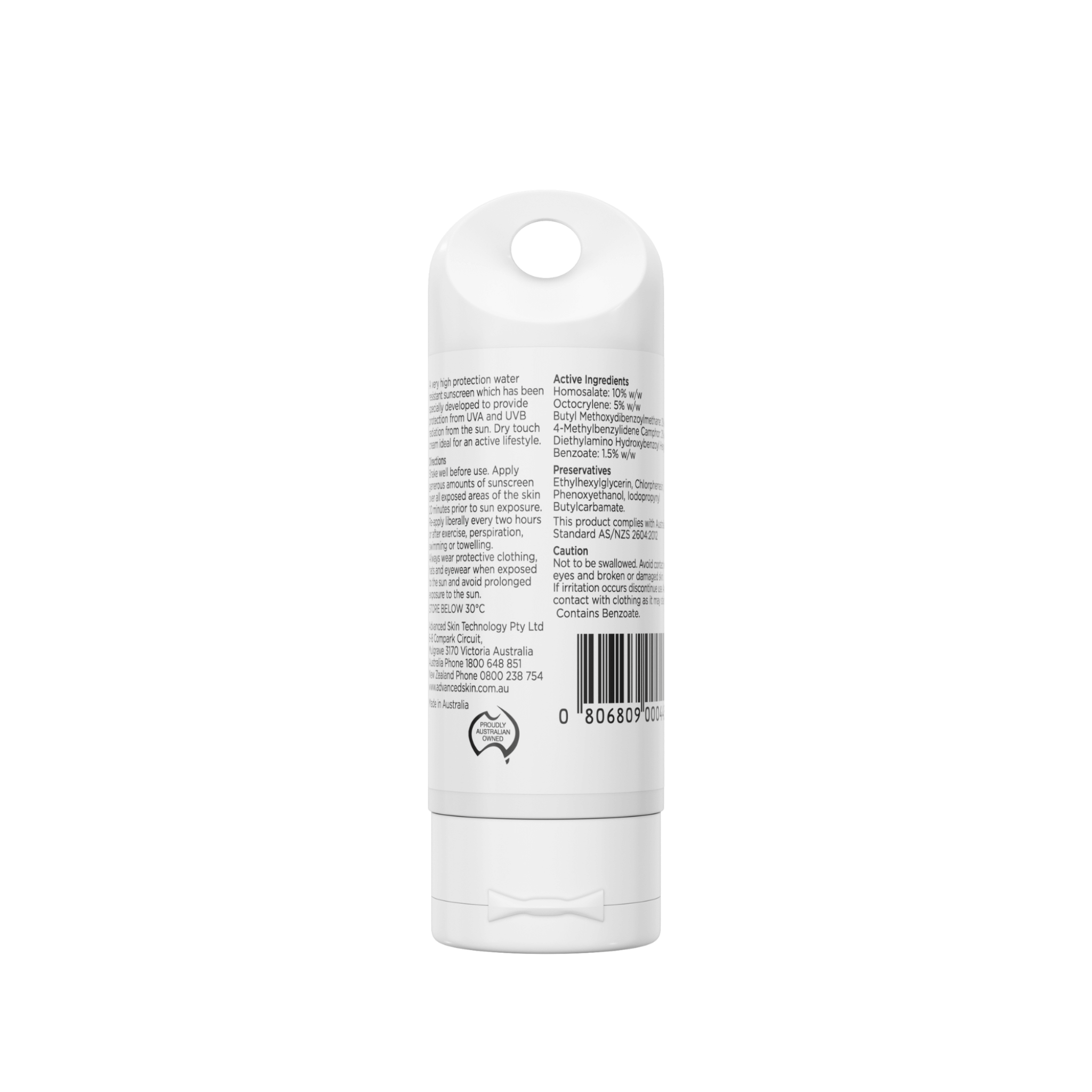 Back of Aspect Sun On The Go SPF White cylindrical container with text on a white background