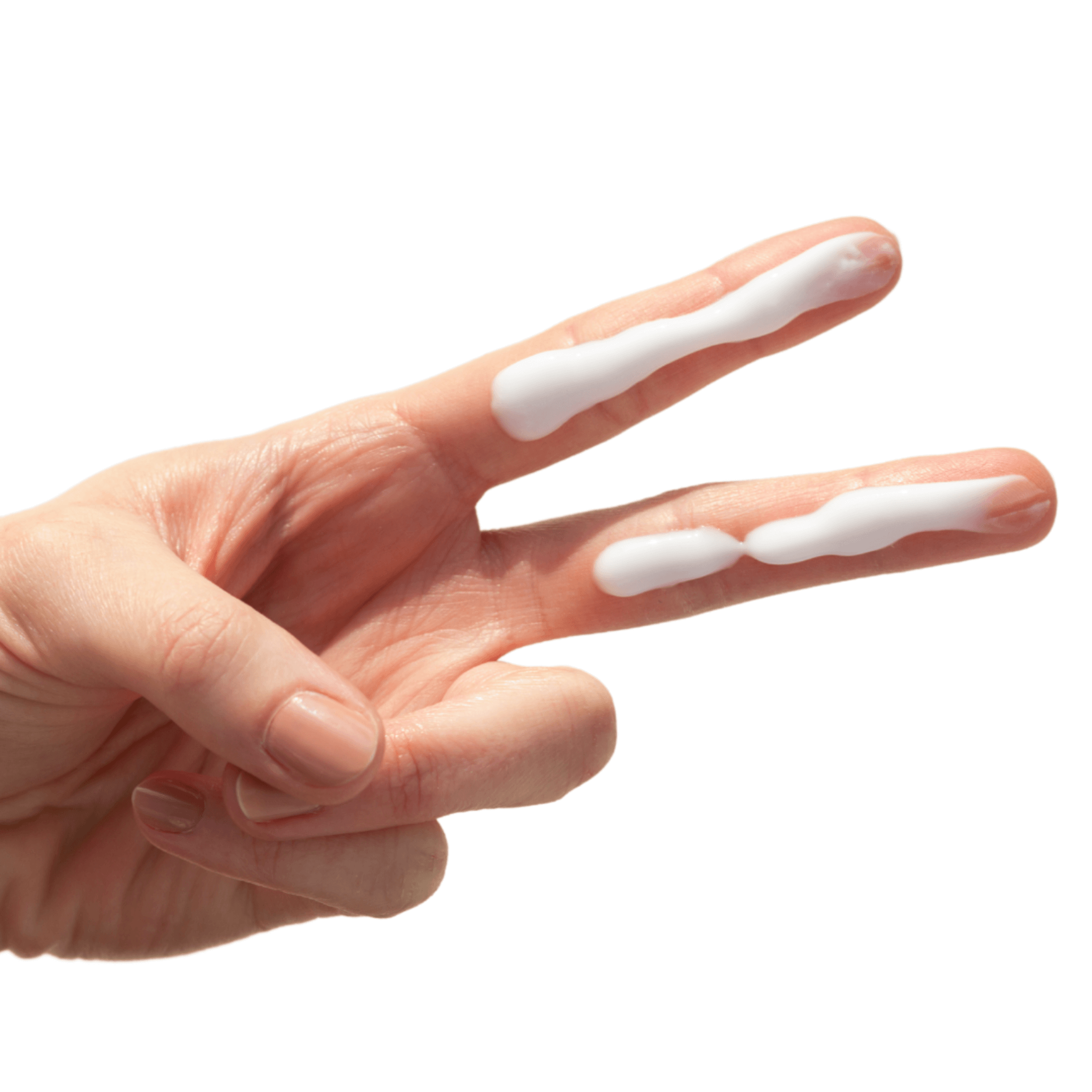 Hand with Aspect Sun cream on fingers against a white background