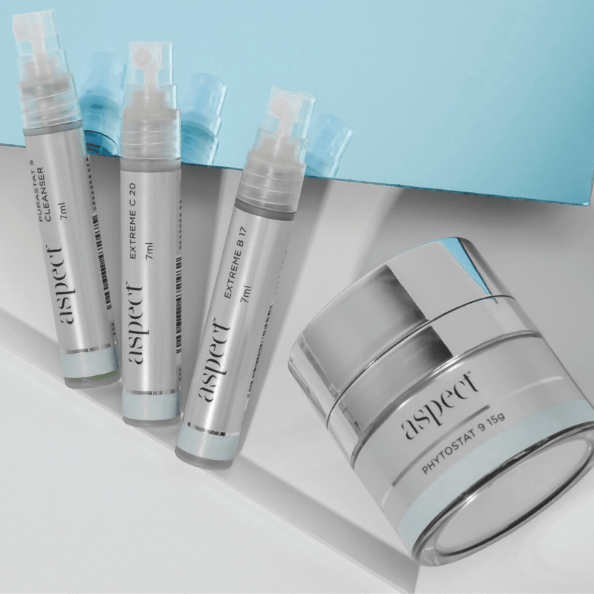 Aspect Try Me Kit skincare products on a light blue and white background