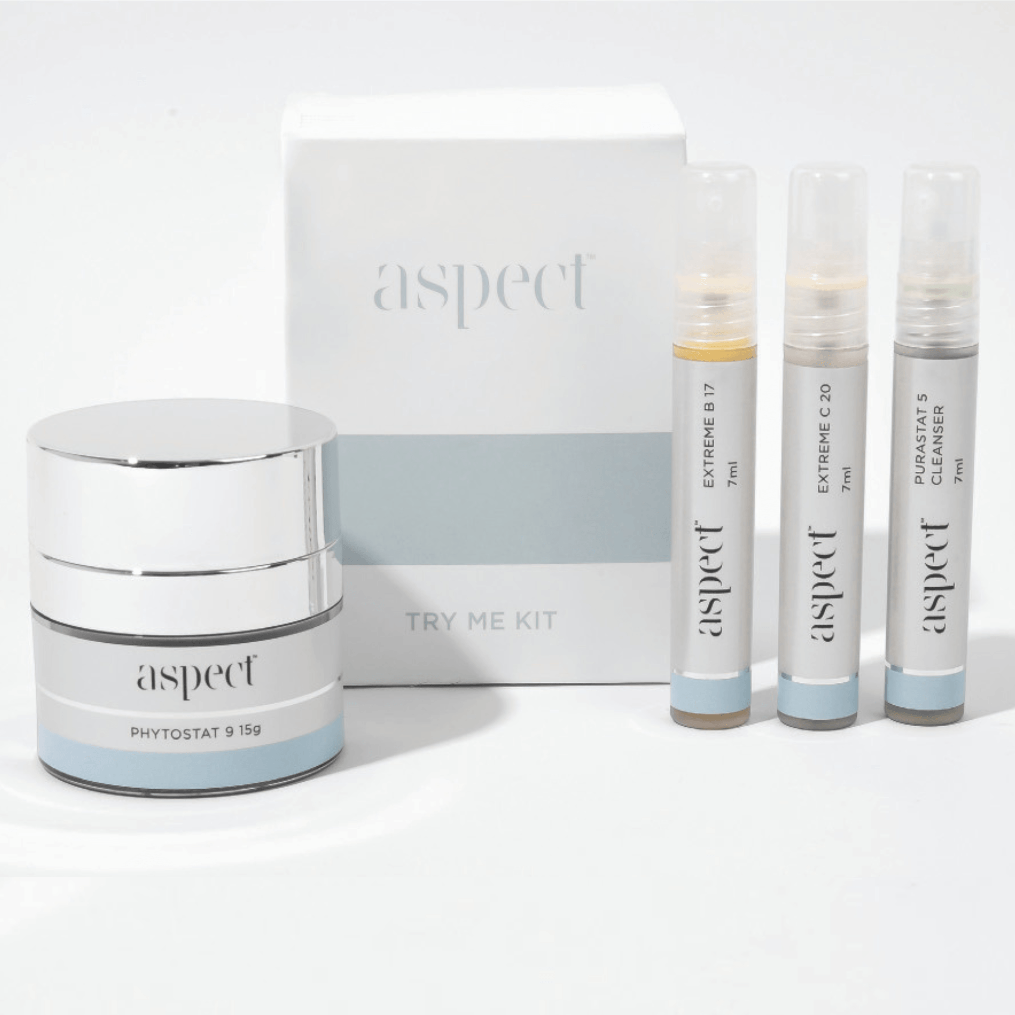 Aspect skincare try me kit with cream and serum bottles on a white background