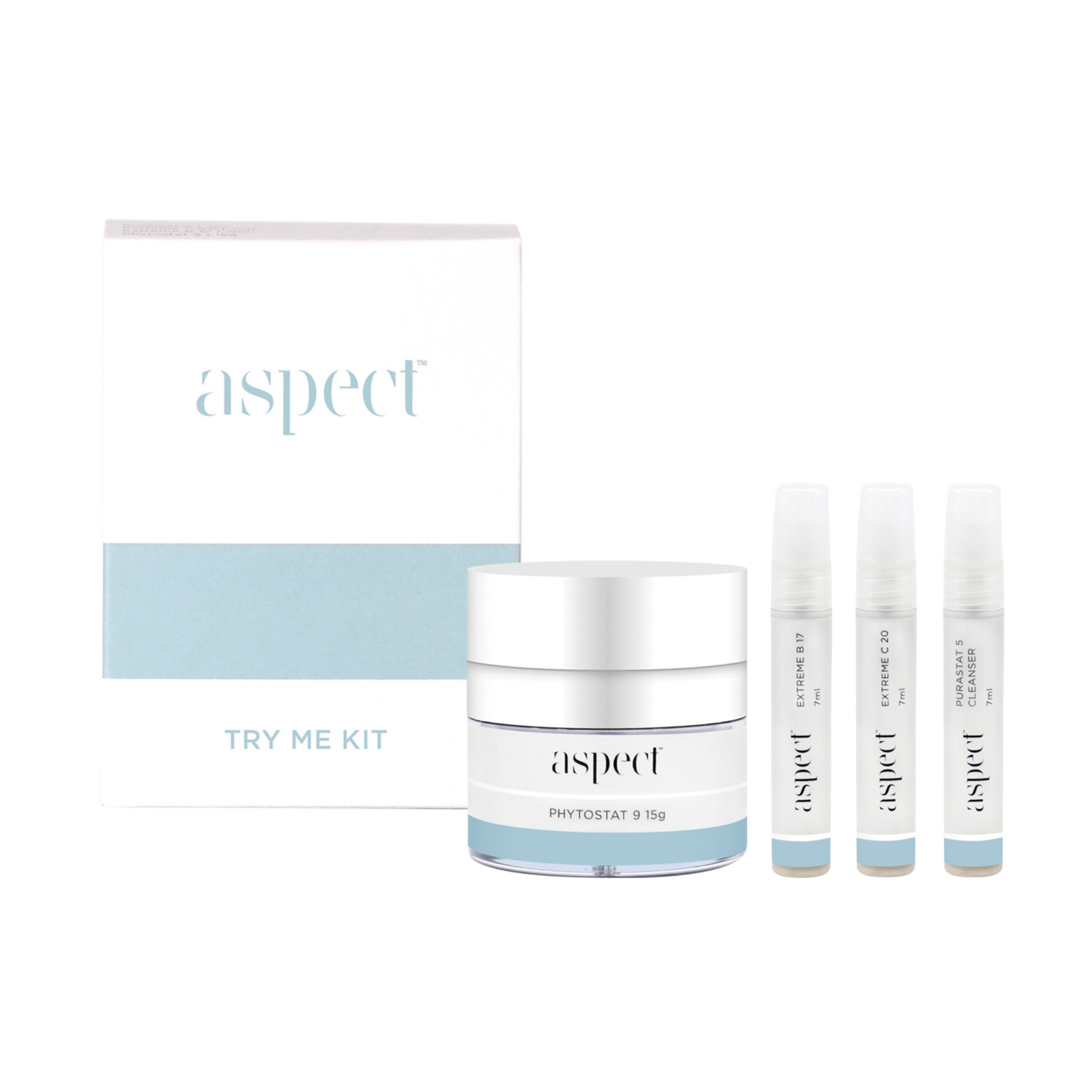 Aspect skincare try me kit product lineup with cream, serum, and box on a white background