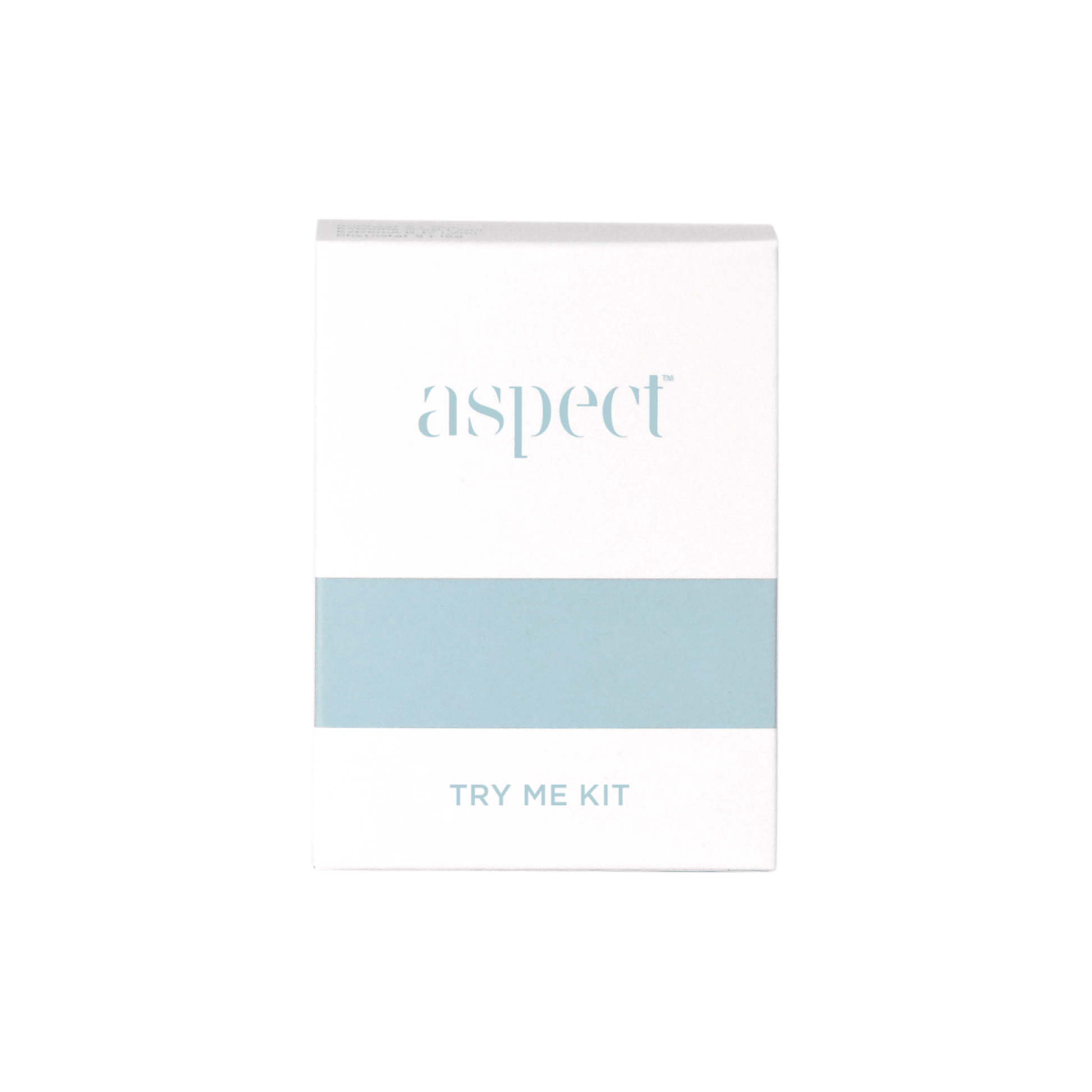 Aspect Try Me Kit packaging with a light blue color on a white background