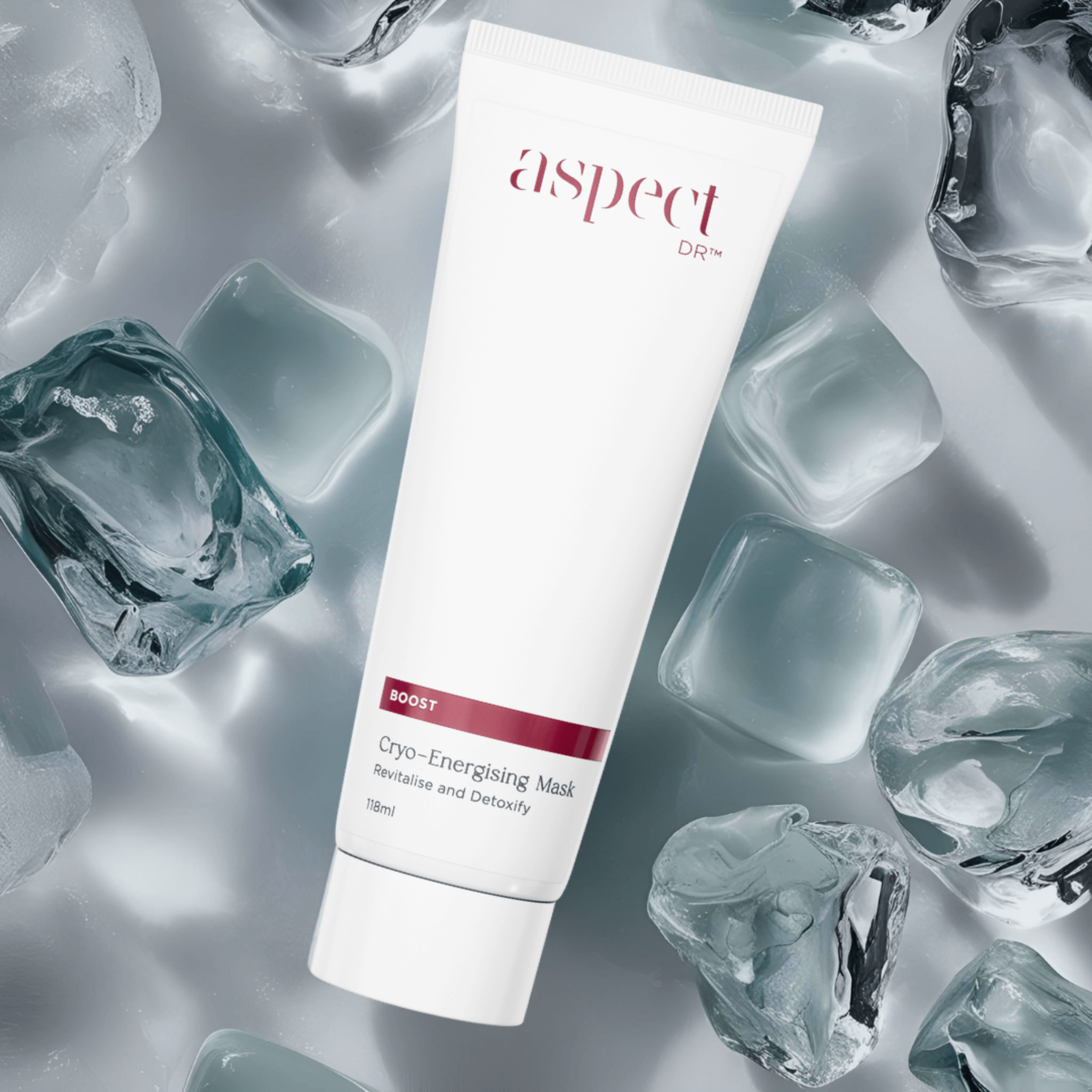 Aspect Dr Cryo energising mask on ice cubes and grey background