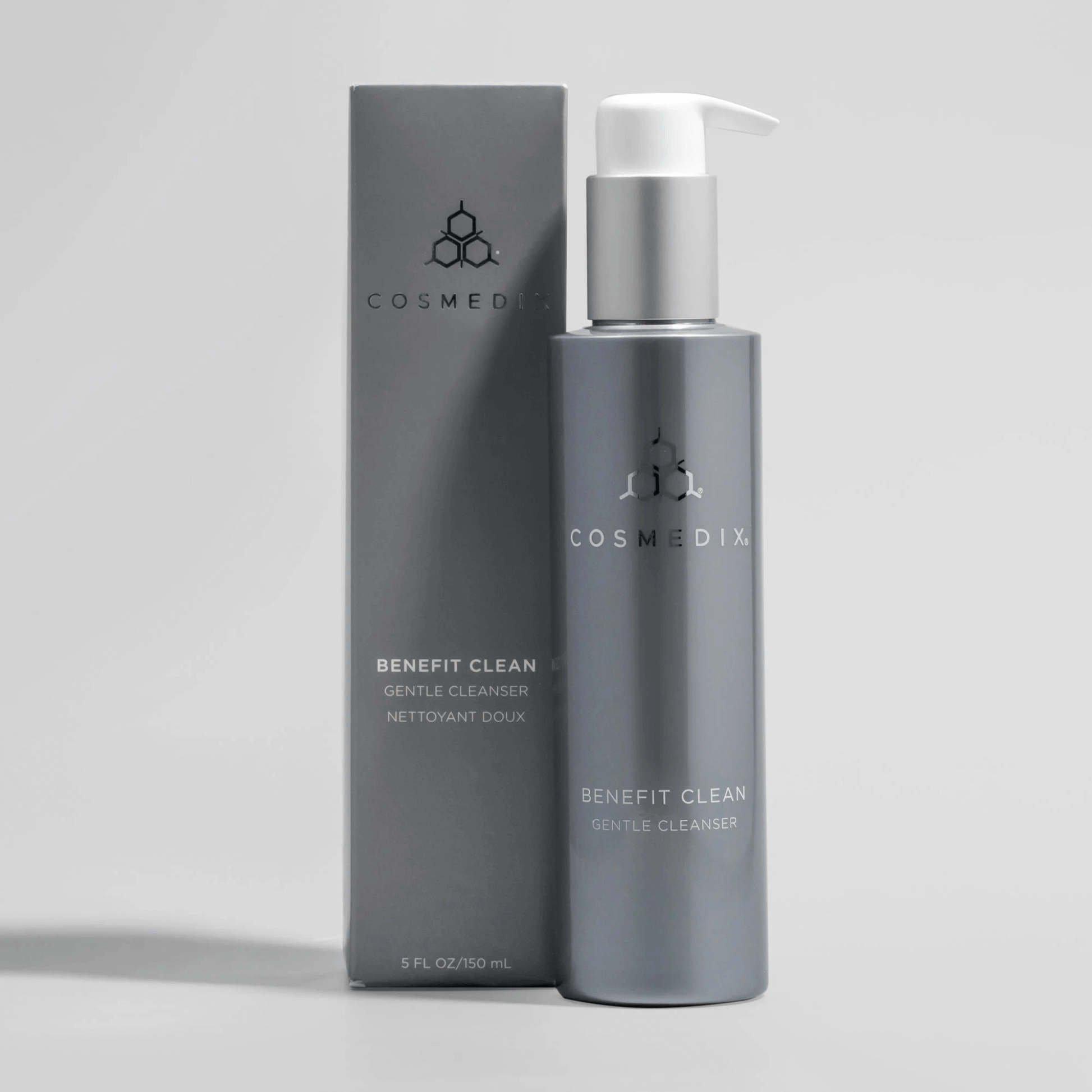 Cosmedix Benefit Clean Gentle Cleanser bottle and packaging on a light grey background