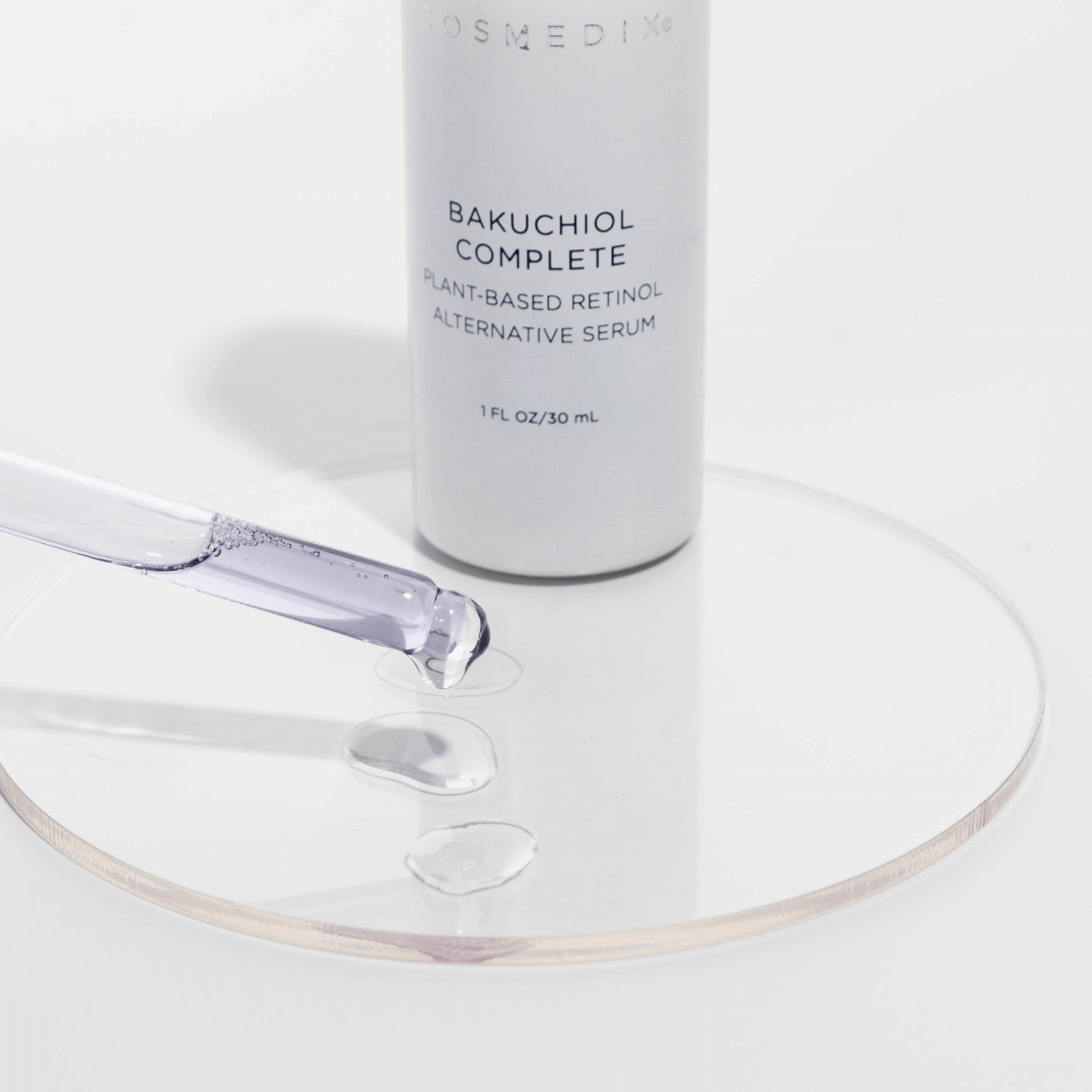 Cosmedix Bakuchiol Complete serum bottle with dropper on a white background