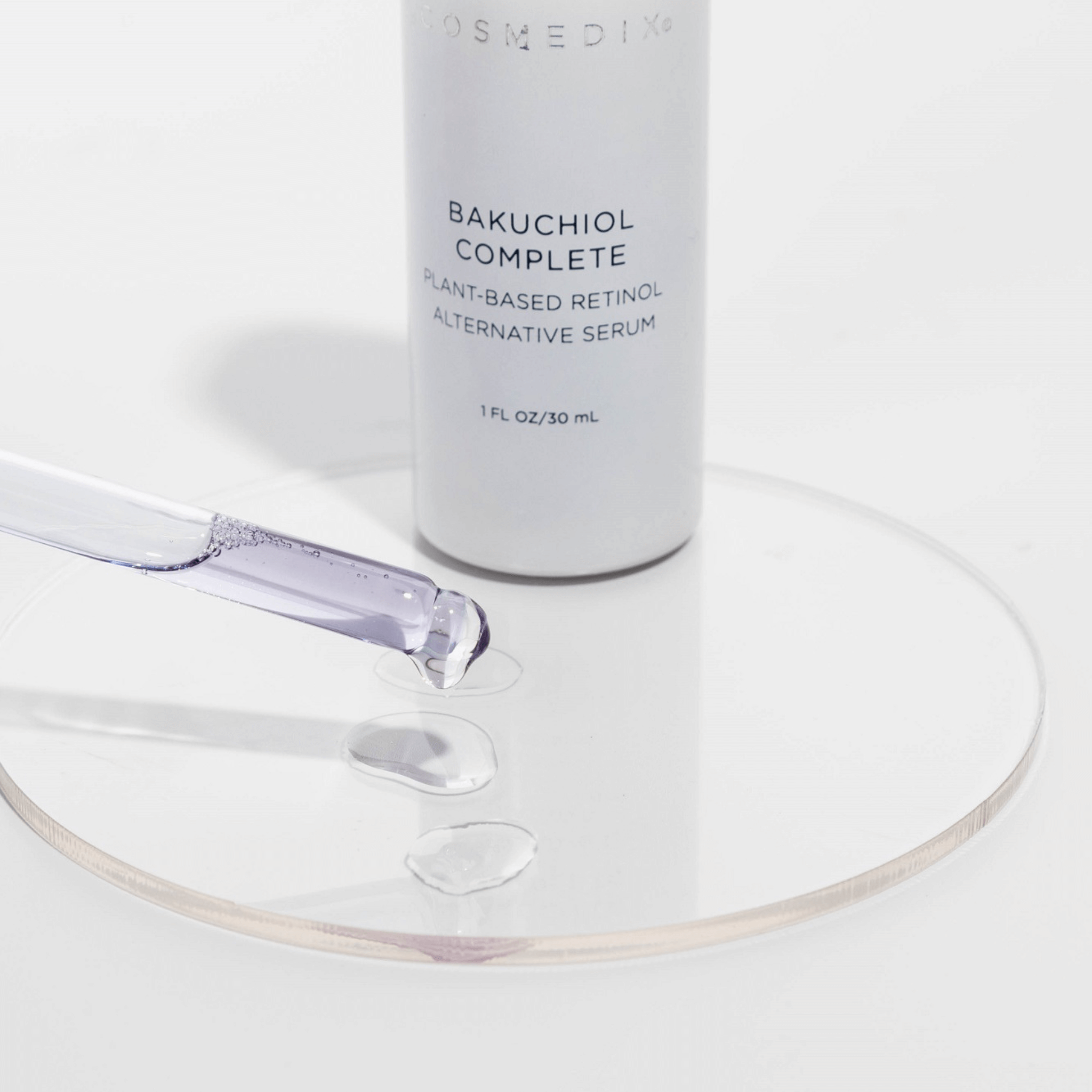 Cosmedix Bakuchiol Complete serum bottle with dropper on a white background