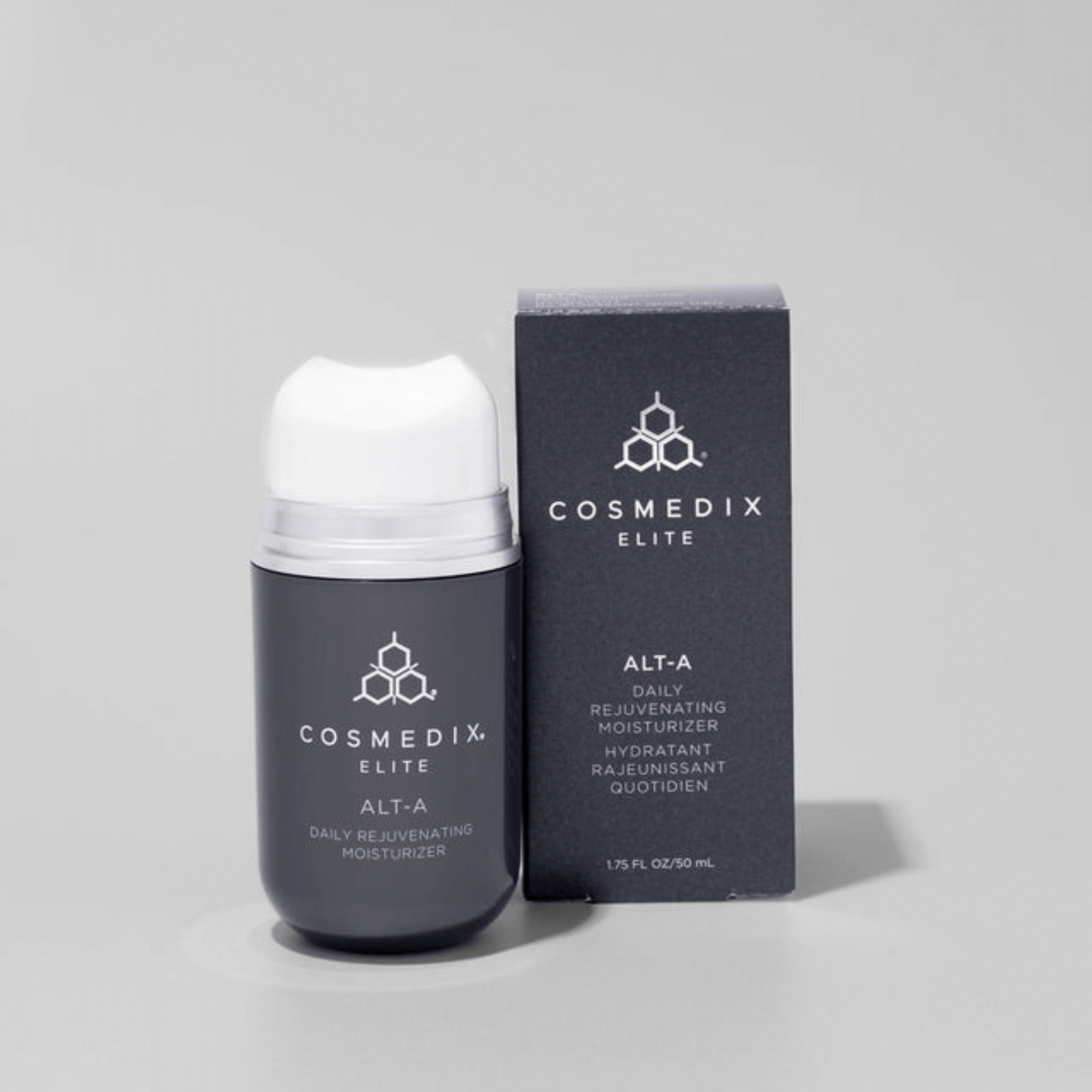 Cosmedix Elite ALT-A moisturiser skincare product with packaging on a grey background
