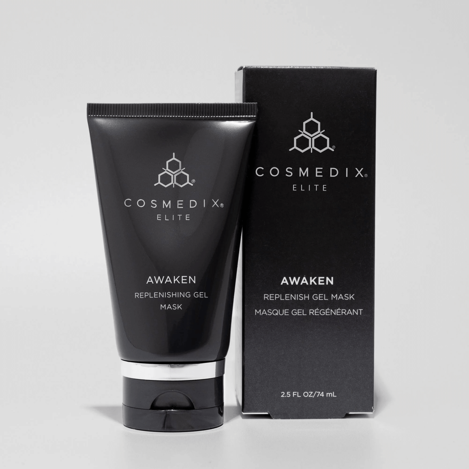Cosmedix Elite Awaken Replenishing Gel Mask with packaging on a light grey background